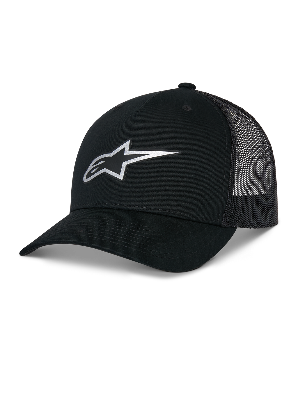 Alpinestars Reflect Ageless Trucker Hat, nero, con logo Astars riflettente argentato sul davanti, visiera curva e pannelli posteriori in mesh, corona strutturata, copricapo casual da motorsport