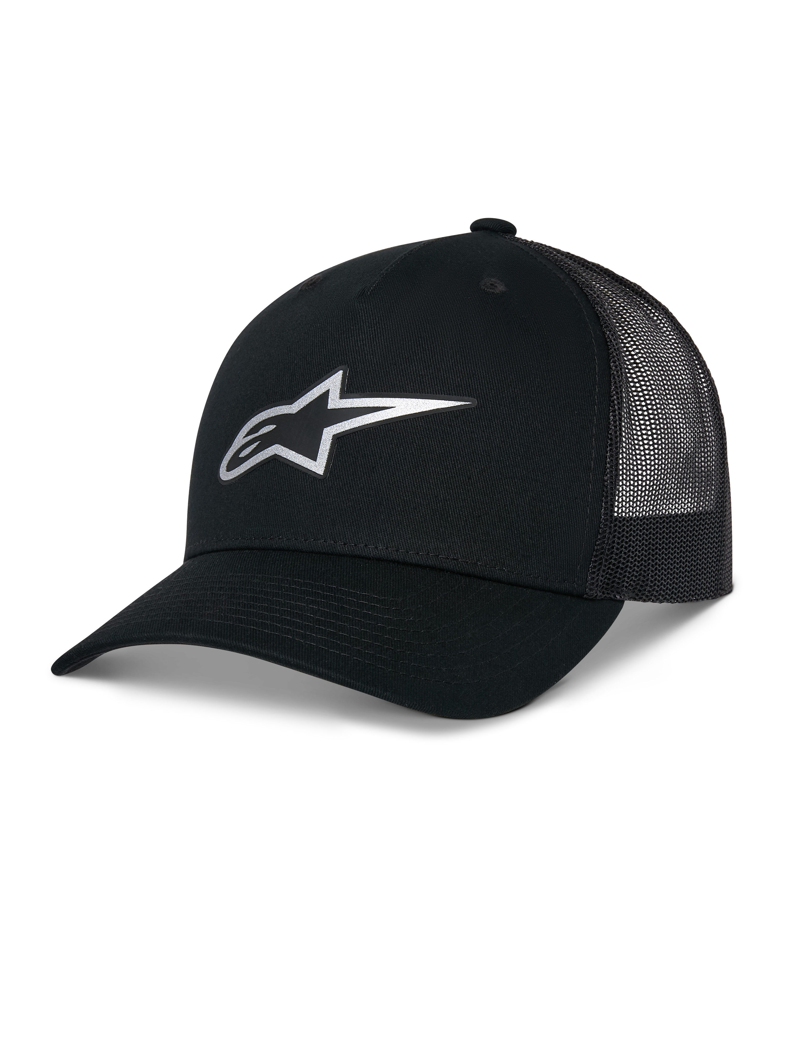 Alpinestars Reflect Ageless Trucker Hat, nero, con logo Astars riflettente argentato sul davanti, visiera curva e pannelli posteriori in mesh, corona strutturata, copricapo casual da motorsport