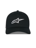 Alpinestars Reflect Ageless Trucker Hat, cappellino trucker, nero, caratterizzato da un logo Astars argento riflettente sul davanti, corona strutturata con visiera curva e retro in rete traspirante, copricapo casual ispirato al motorsport