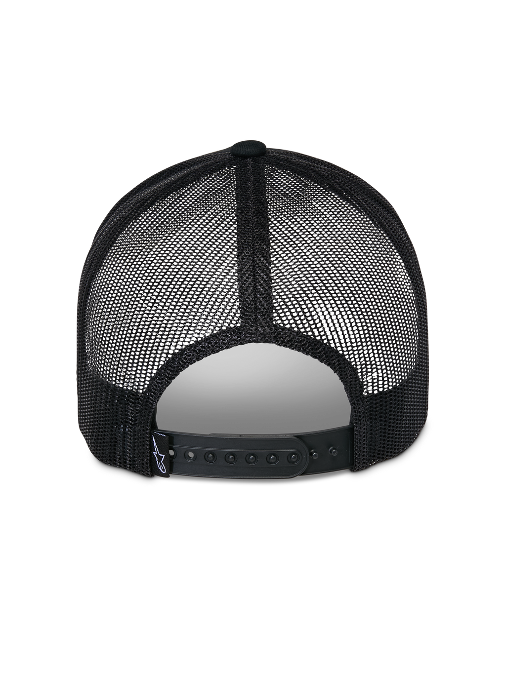 Alpinestars Reflect Ageless Trucker Hat, nero, vista posteriore con pannelli in rete traspirante e chiusura snapback regolabile, presenta una piccola etichetta del marchio, copricapo casual ispirato al mondo del motorsport.