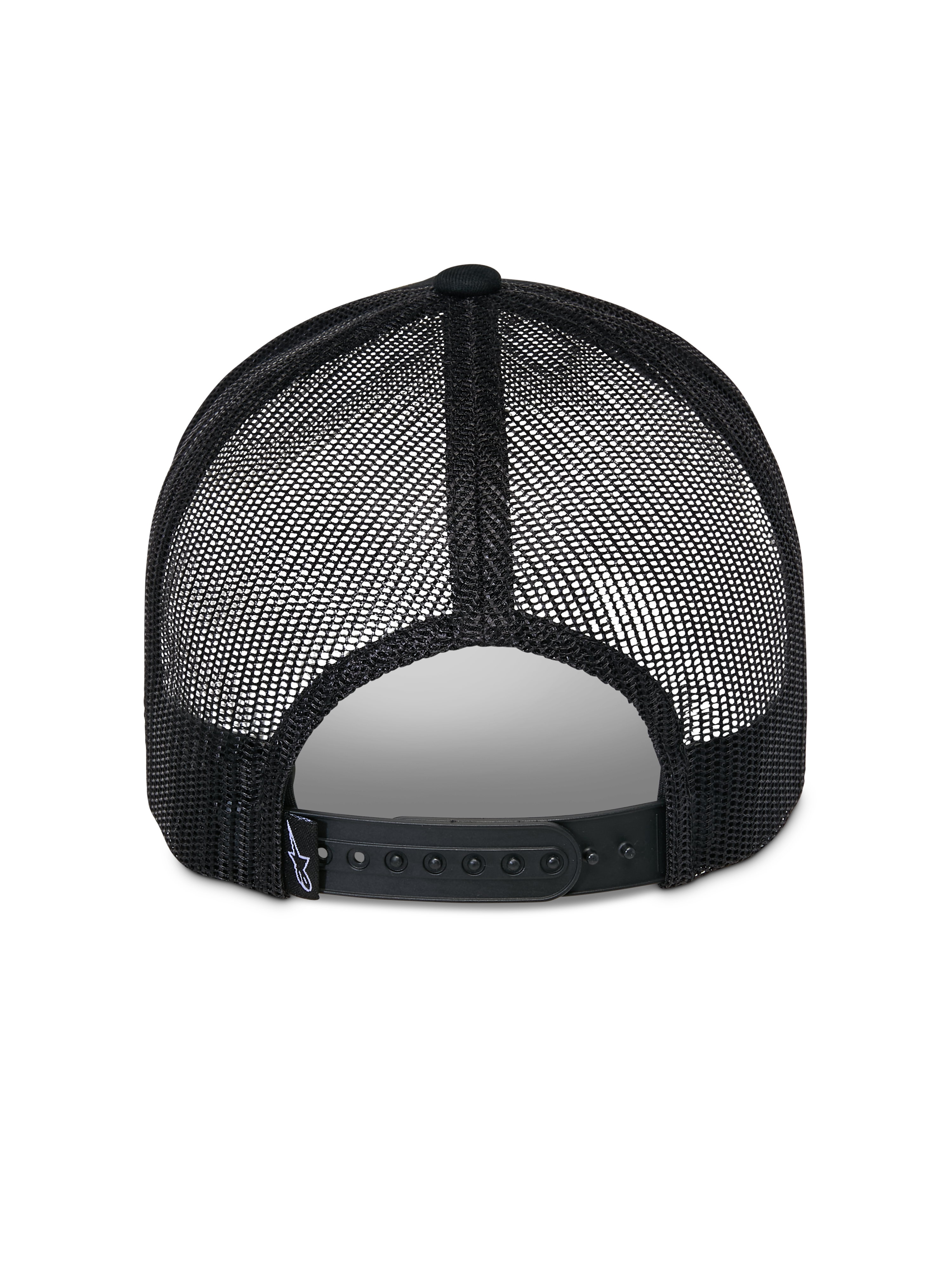 Alpinestars Reflect Ageless Trucker Hat, nero, vista posteriore con pannelli in rete traspirante e chiusura snapback regolabile, presenta una piccola etichetta del marchio, copricapo casual ispirato al mondo del motorsport.