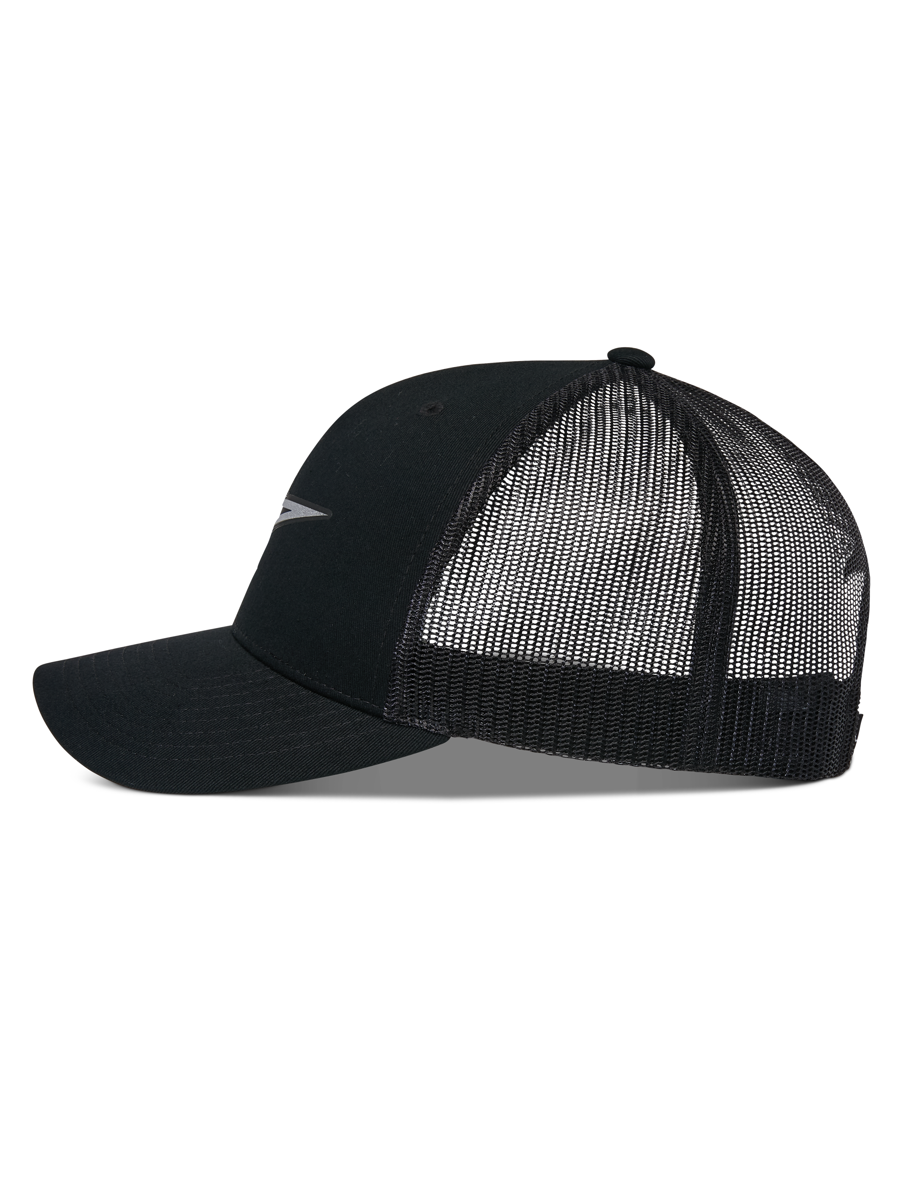 Cappello Alpinestars Reflect Ageless Trucker, profilo laterale, nero, visiera curva con corona strutturata, pannelli posteriori in rete traspirante, dettaglio logo riflettente, copricapo casual motorsport
