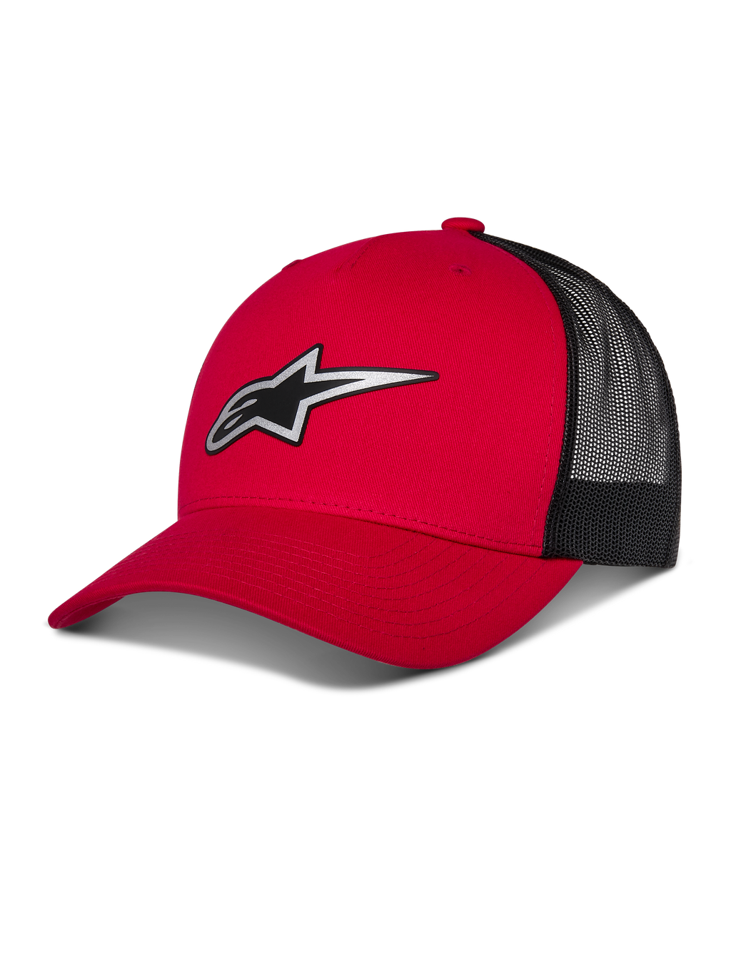 Alpinestars Reflect Ageless Trucker Hat, cappello da baseball rosso e nero, visiera curva con logo Astars riflettente, pannelli posteriori in rete nera, design strutturato