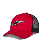 Alpinestars Reflect Ageless Trucker Hat, cappello da baseball rosso e nero, visiera curva con logo Astars riflettente, pannelli posteriori in rete nera, design strutturato