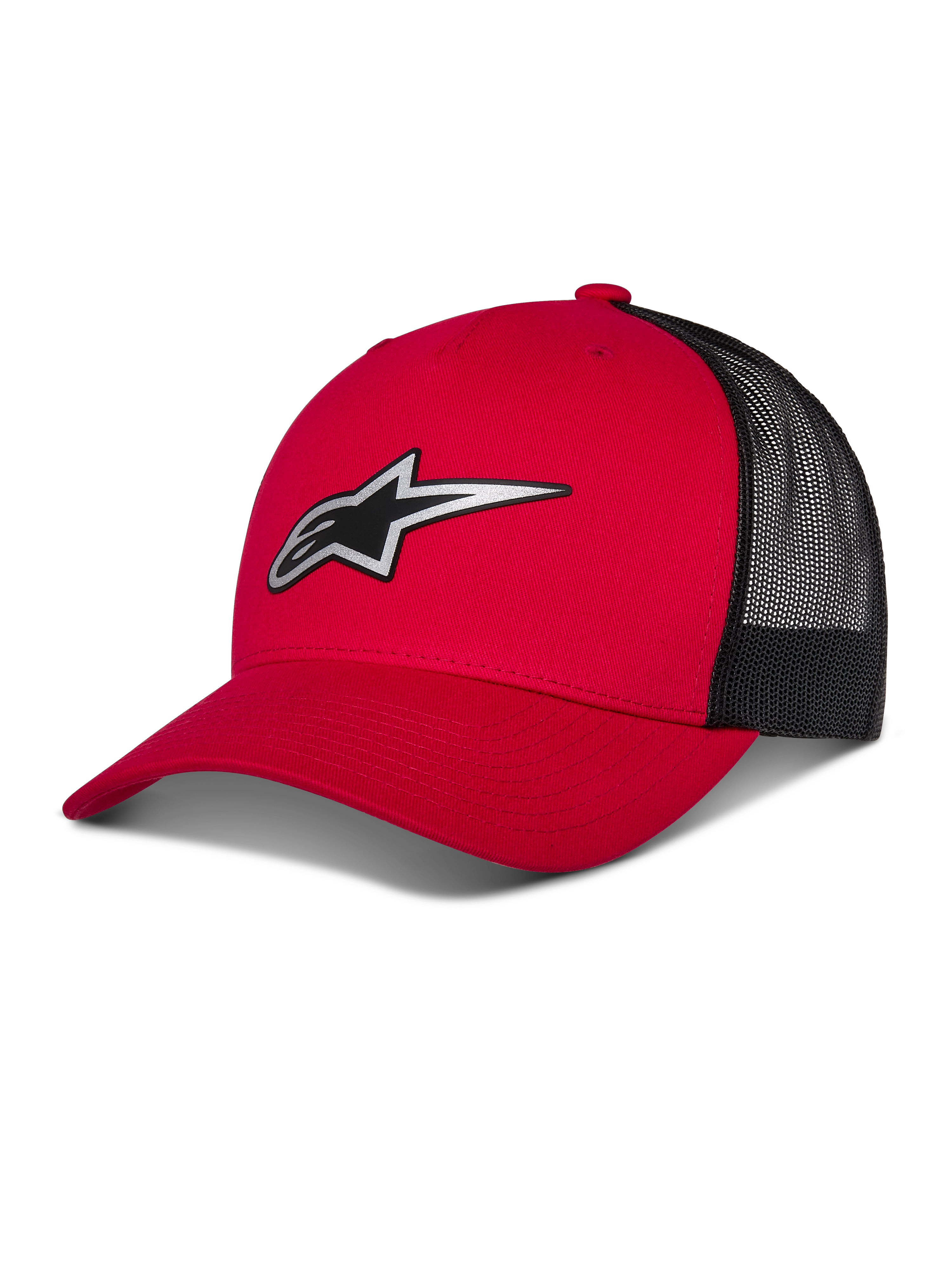 Alpinestars Reflect Ageless Trucker Hat, cappello da baseball rosso e nero, visiera curva con logo Astars riflettente, pannelli posteriori in rete nera, design strutturato