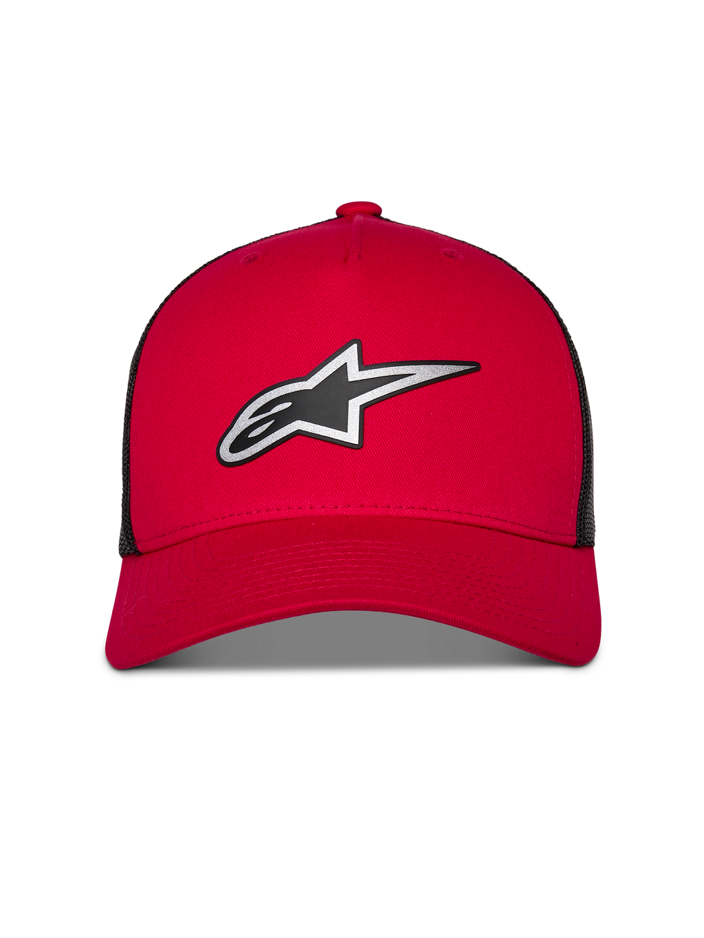 Alpinestars Reflect Ageless Trucker Hat, rosso e nero, con grande logo Astars riflettente argento e nero, visiera curva con corona strutturata e pannelli posteriori in rete nera, copricapo casual lifestyle motorsport