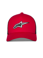 Alpinestars Reflect Ageless Trucker Hat, rosso e nero, con grande logo Astars riflettente argento e nero, visiera curva con corona strutturata e pannelli posteriori in rete nera, copricapo casual lifestyle motorsport