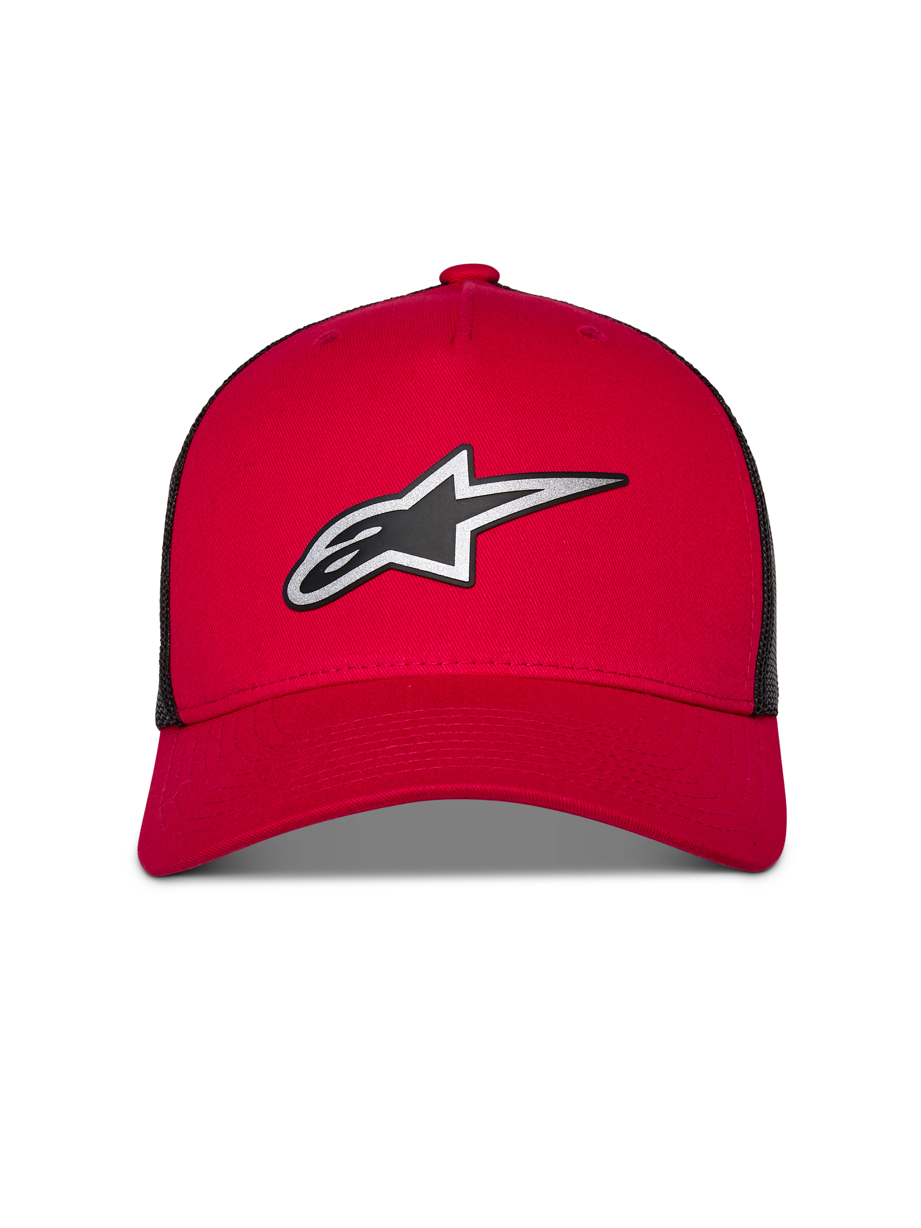 Alpinestars Reflect Ageless Trucker Hat, rosso e nero, con grande logo Astars riflettente argento e nero, visiera curva con corona strutturata e pannelli posteriori in rete nera, copricapo casual lifestyle motorsport