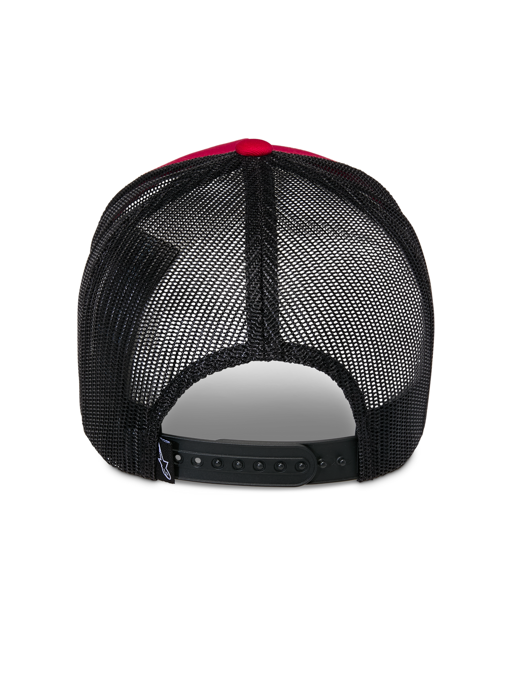 Alpinestars Reflect Ageless Trucker Hat, vista posteriore, rosso e nero, con pannelli in rete di poliestere nera e chiusura snap-back regolabile, copricapo casual ispirato al motorsport