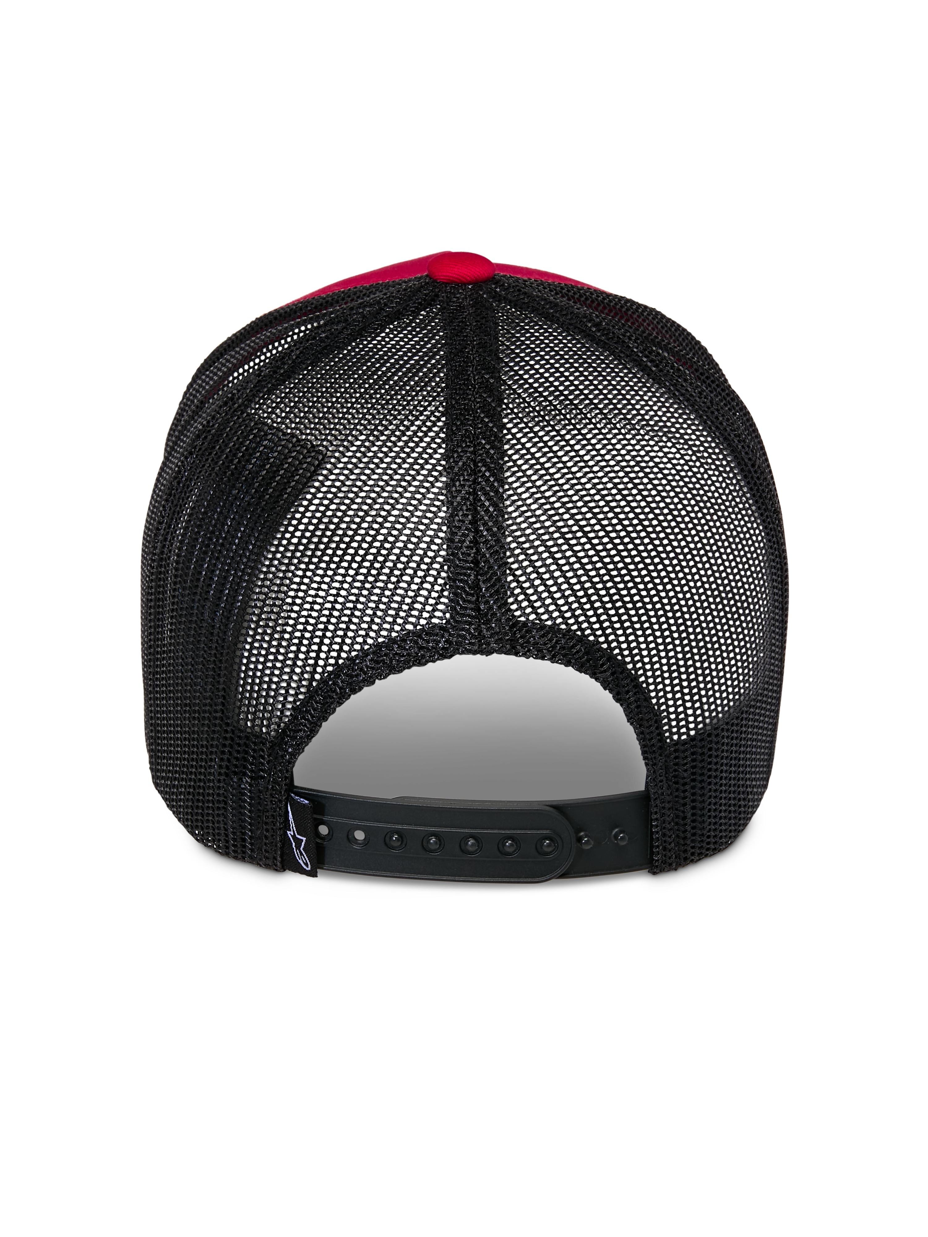 Alpinestars Reflect Ageless Trucker Hat, vista posteriore, rosso e nero, con pannelli in rete di poliestere nera e chiusura snap-back regolabile, copricapo casual ispirato al motorsport