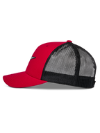 Alpinestars Cappello Trucker Reflect Ageless, rosso e nero, profilo laterale con visiera curva, corona rossa strutturata e retro in rete nera, copricapo casual ispirato al motorsport