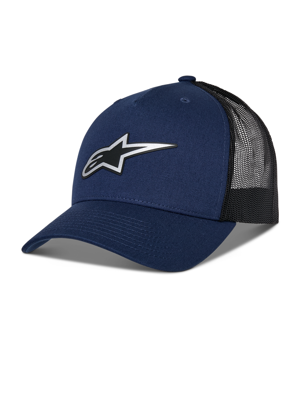 Alpinestars Reflect Ageless Trucker Hat, cappello stile trucker, blu navy e nero, visiera curva, logo Astars argento riflettente, retro in rete traspirante, corona strutturata, stile casual motorsport