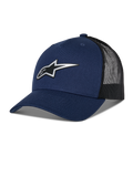 Alpinestars Reflect Ageless Trucker Hat, cappello stile trucker, blu navy e nero, visiera curva, logo Astars argento riflettente, retro in rete traspirante, corona strutturata, stile casual motorsport