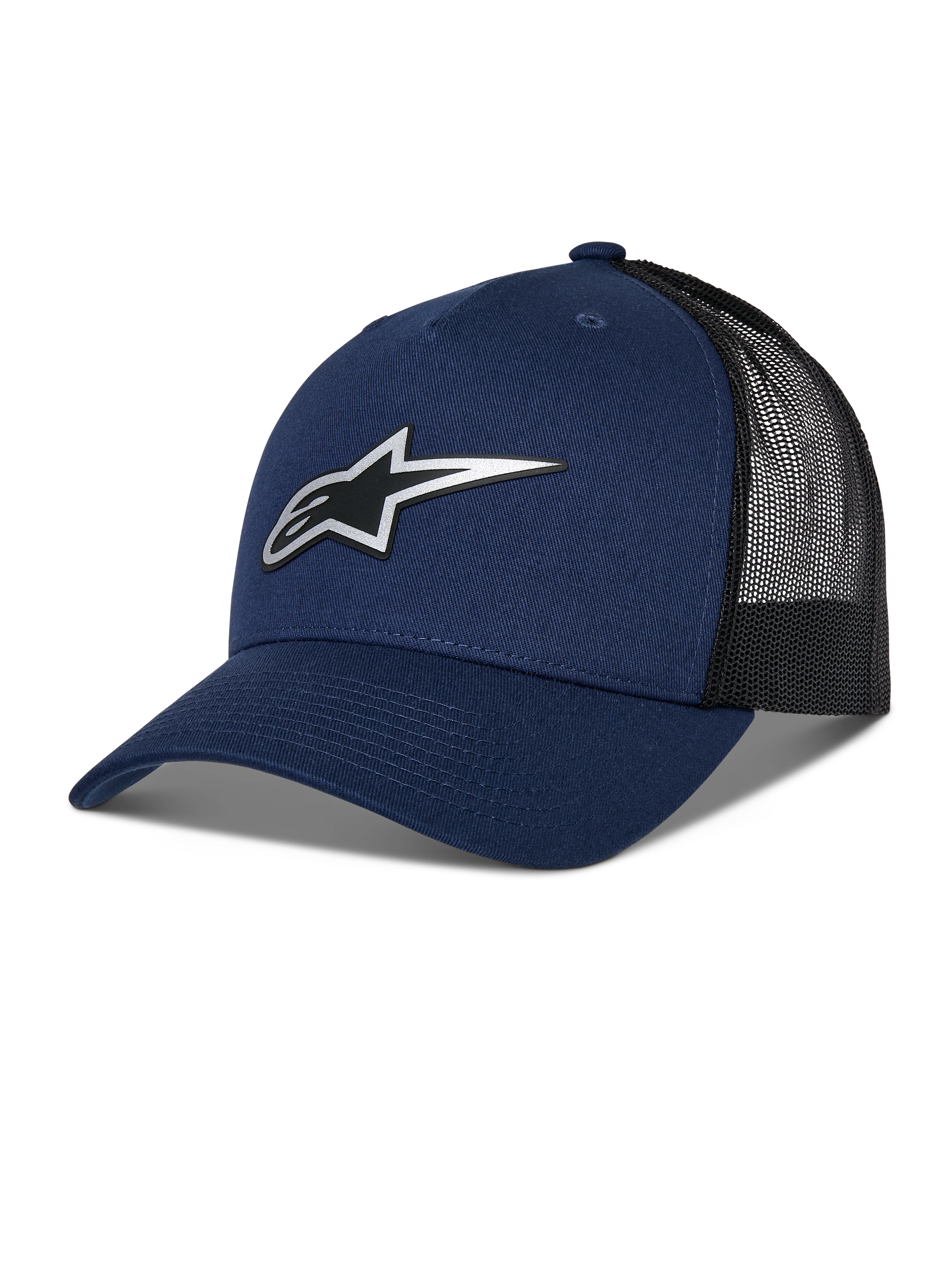 Alpinestars Reflect Ageless Trucker Hat, cappello stile trucker, blu navy e nero, visiera curva, logo Astars argento riflettente, retro in rete traspirante, corona strutturata, stile casual motorsport