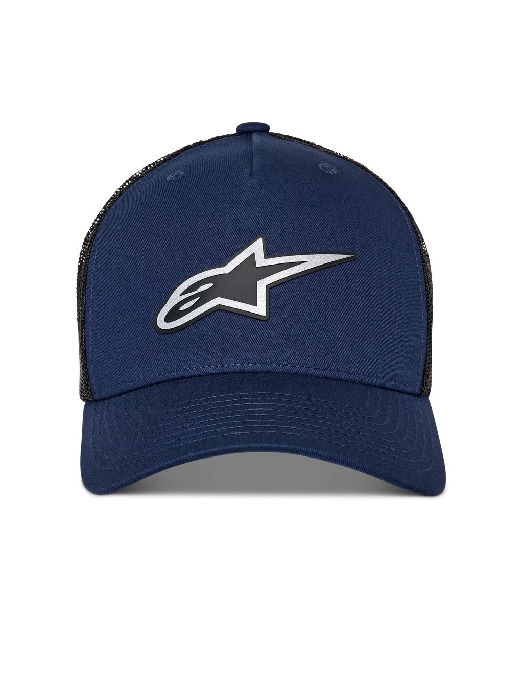 Alpinestars Reflect Ageless Trucker Hat, blu navy e rete nera, logo Astars riflettente HD sul davanti, visiera curva, corona strutturata, copricapo casual motorsport