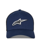 Alpinestars Reflect Ageless Trucker Hat, blu navy e rete nera, logo Astars riflettente HD sul davanti, visiera curva, corona strutturata, copricapo casual motorsport