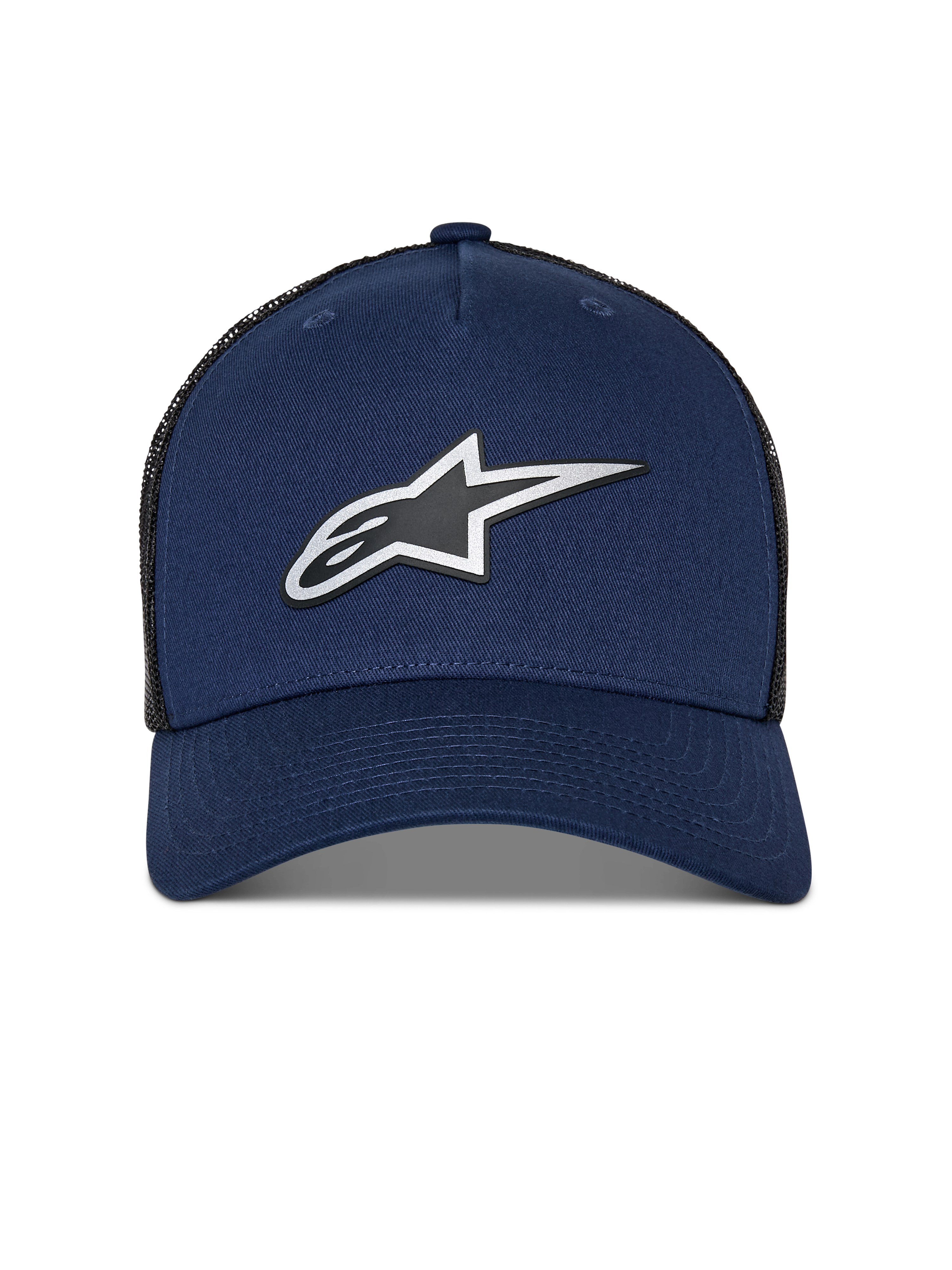 Alpinestars Reflect Ageless Trucker Hat, blu navy e rete nera, logo Astars riflettente HD sul davanti, visiera curva, corona strutturata, copricapo casual motorsport