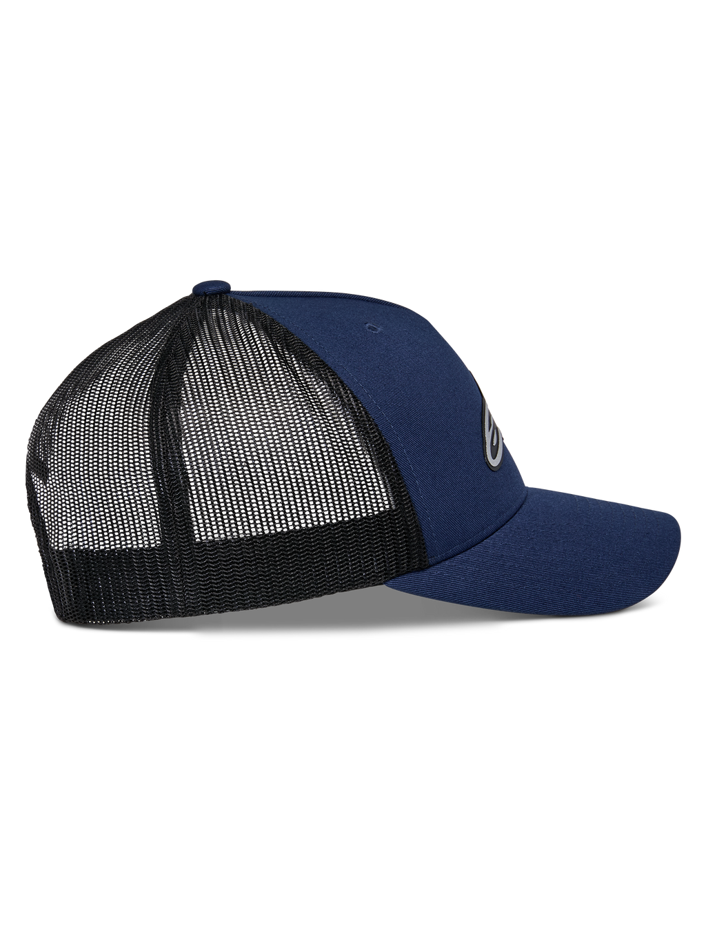 Cappello Trucker Alpinestars Reflect Ageless, blu navy e nero, vista laterale con visiera curva e retro in rete nera traspirante, corona strutturata, copricapo casual da motorsport