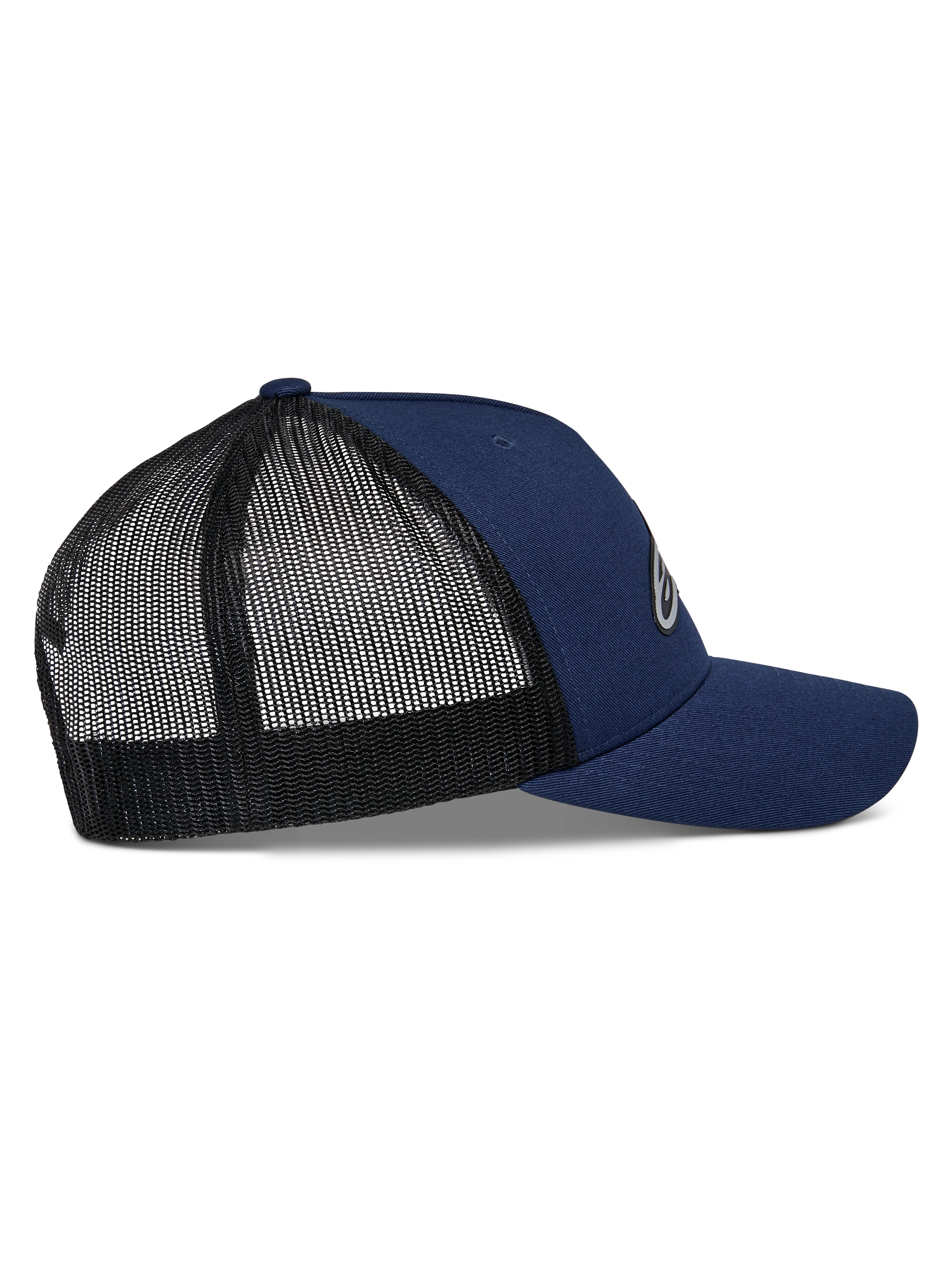 Cappello Trucker Alpinestars Reflect Ageless, blu navy e nero, vista laterale con visiera curva e retro in rete nera traspirante, corona strutturata, copricapo casual da motorsport