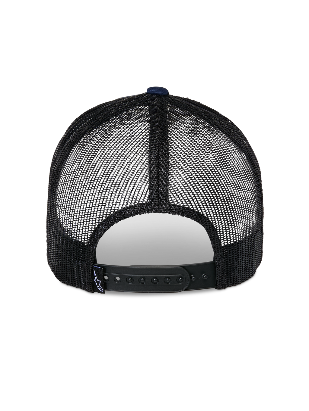 Cappello Trucker Alpinestars Reflect Ageless, vista posteriore, blu navy e nero, con pannelli in rete nera traspirante e chiusura snapback regolabile, copricapo casual da motorsport