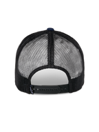 Cappello Trucker Alpinestars Reflect Ageless, vista posteriore, blu navy e nero, con pannelli in rete nera traspirante e chiusura snapback regolabile, copricapo casual da motorsport