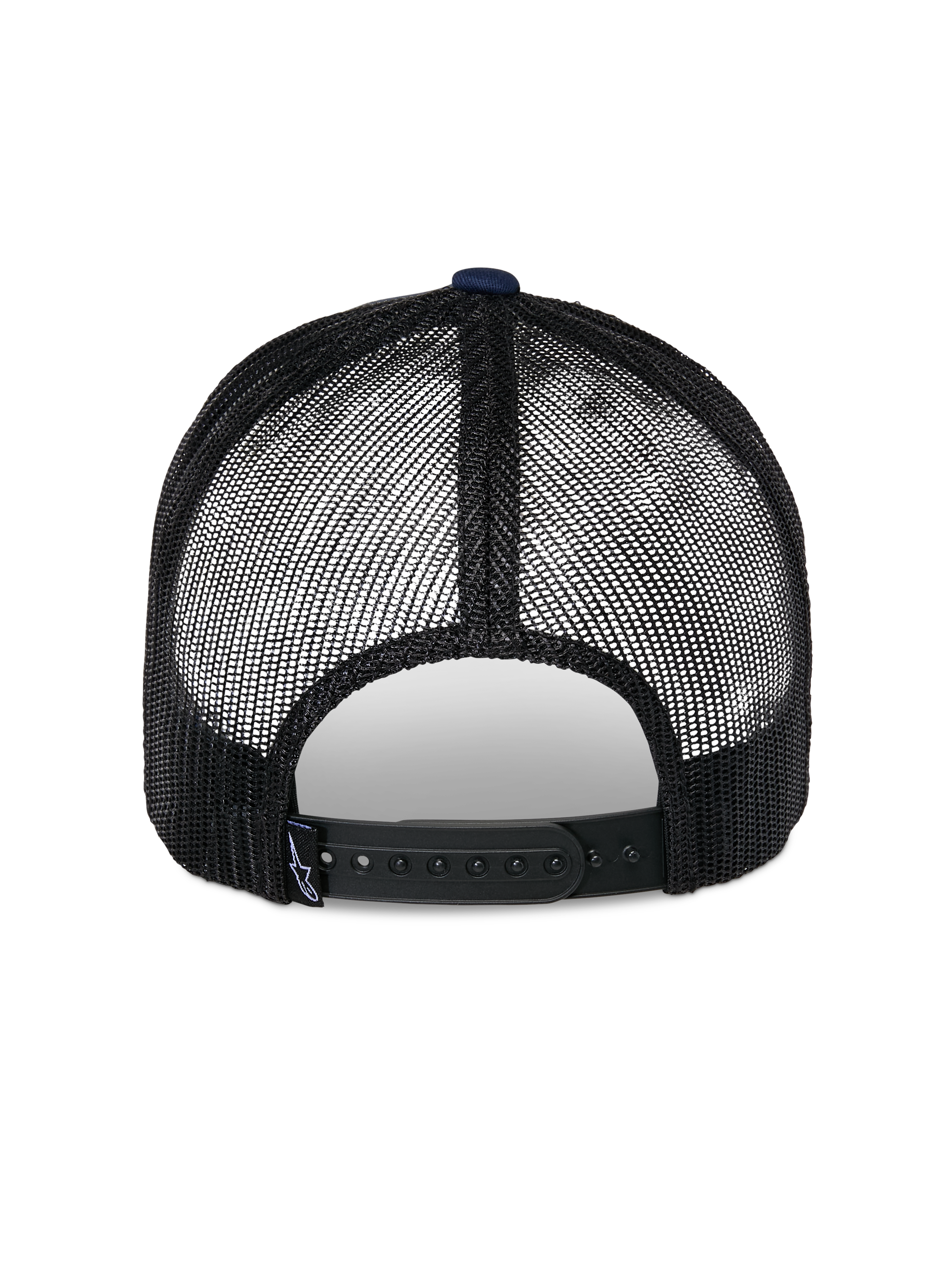 Cappello Trucker Alpinestars Reflect Ageless, vista posteriore, blu navy e nero, con pannelli in rete nera traspirante e chiusura snapback regolabile, copricapo casual da motorsport