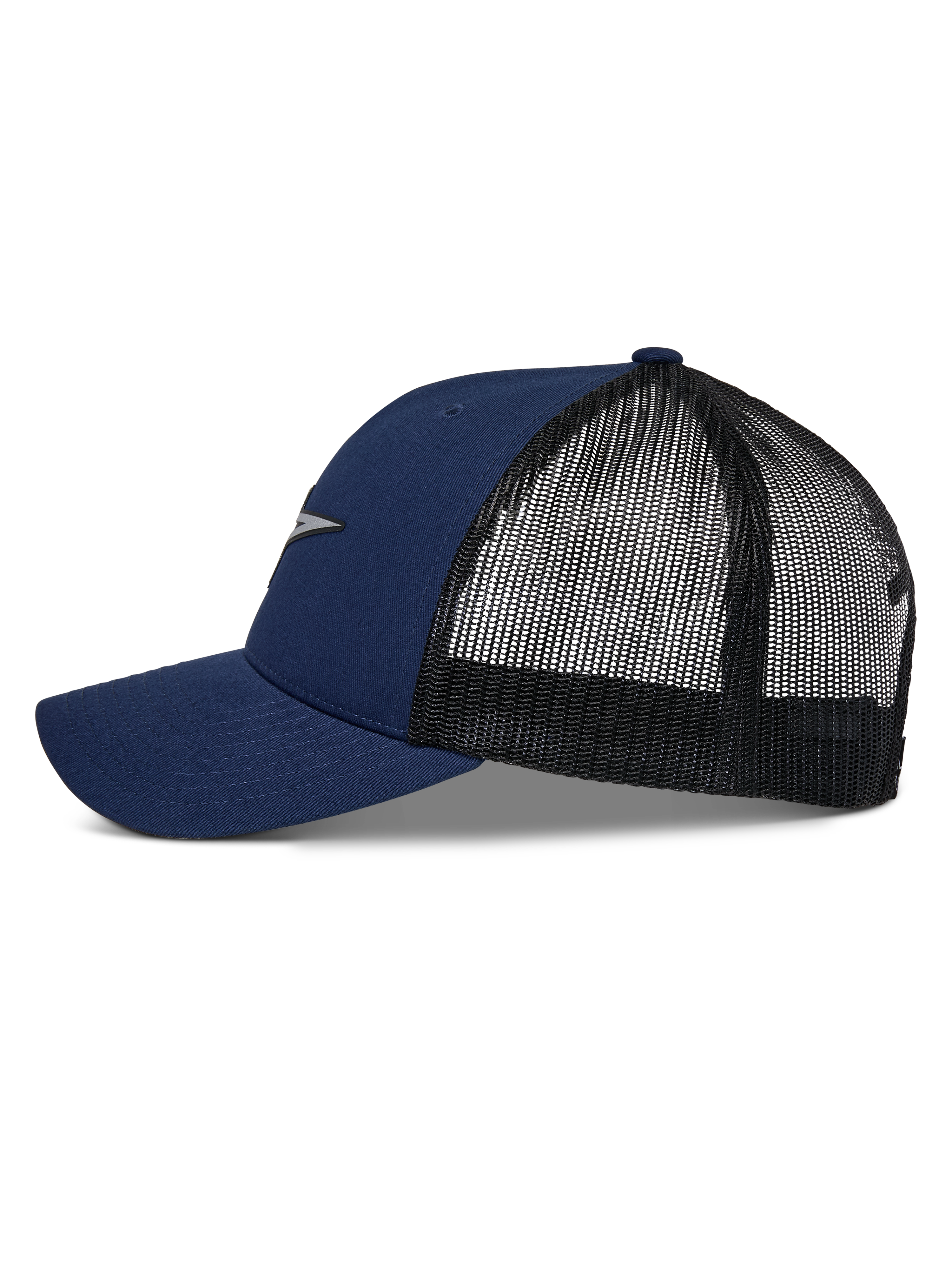 Cappello Trucker Alpinestars Reflect Ageless, blu navy e nero, profilo laterale con visiera curva e retro in rete, logo Astars riflettente sul davanti, copricapo casual motorsport