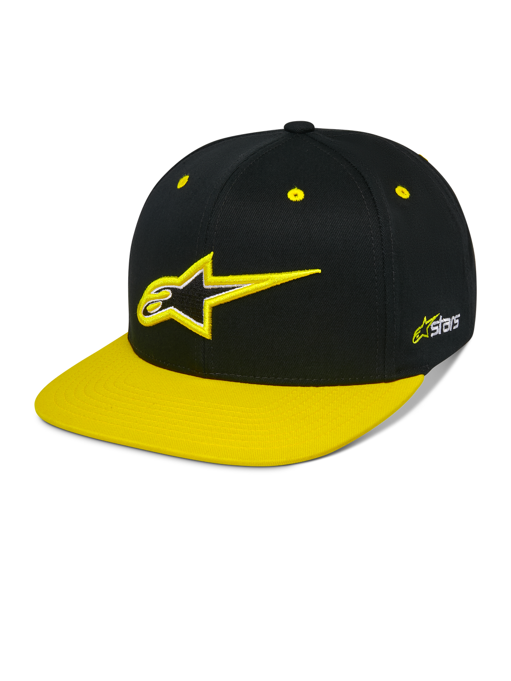 Alpinestars Thickness Snapback Hat, cappellino snapback nero e giallo fluo, corona strutturata con logo Astars ricamato in 3D, visiera piatta gialla, occhielli gialli, abbigliamento casual motorsport