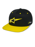 Alpinestars Thickness Snapback Hat, cappellino snapback nero e giallo fluo, corona strutturata con logo Astars ricamato in 3D, visiera piatta gialla, occhielli gialli, abbigliamento casual motorsport