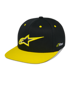 Alpinestars Thickness Snapback Hat, cappellino snapback nero e giallo fluo, corona strutturata con logo Astars ricamato in 3D, visiera piatta gialla, occhielli gialli, abbigliamento casual motorsport