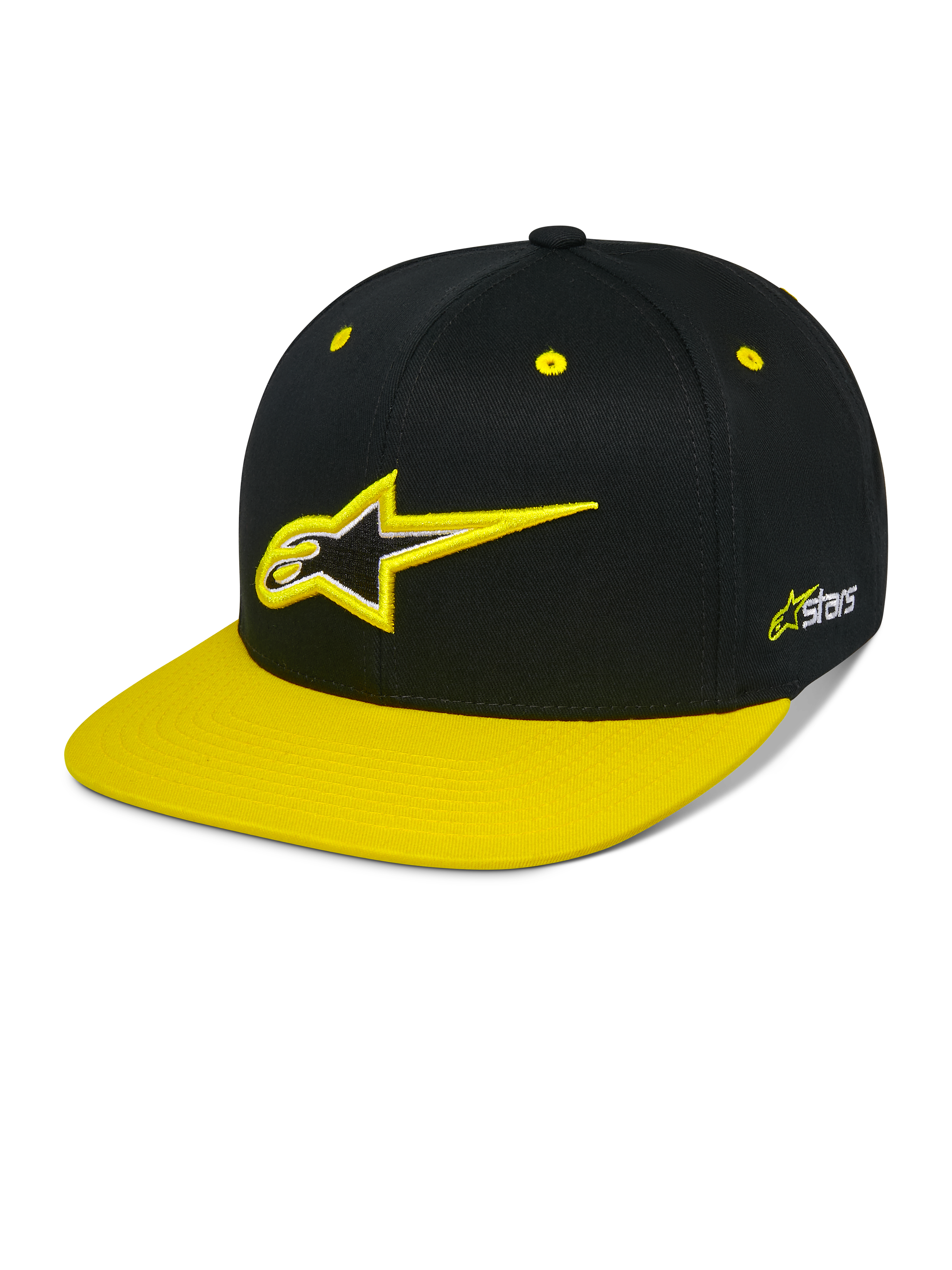 Alpinestars Thickness Snapback Hat, cappellino snapback nero e giallo fluo, corona strutturata con logo Astars ricamato in 3D, visiera piatta gialla, occhielli gialli, abbigliamento casual motorsport