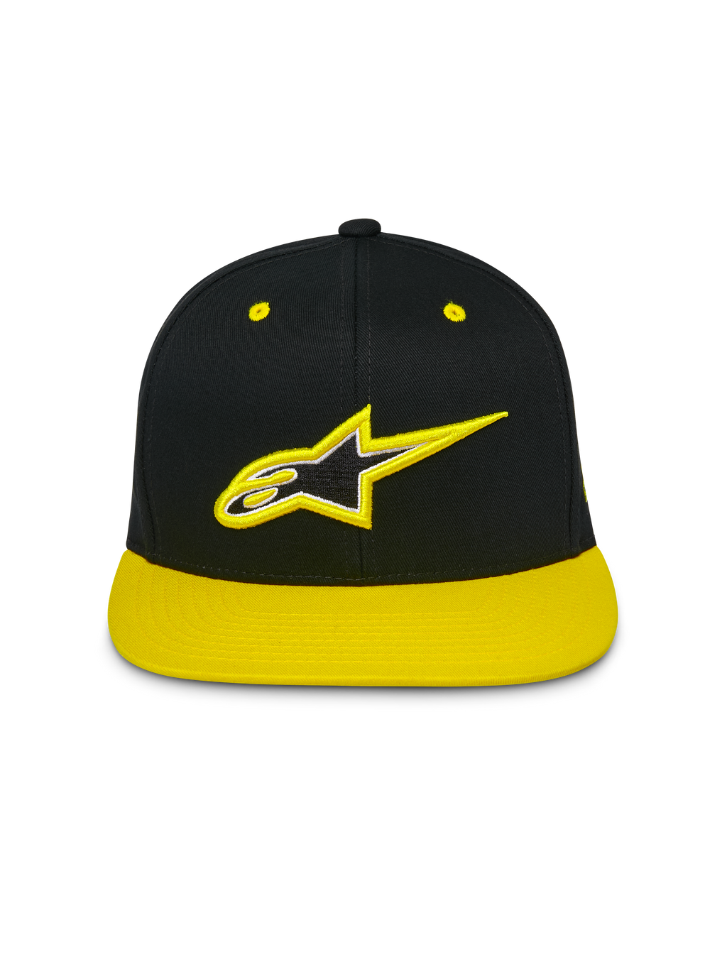 Cappello Alpinestars Thickness Snapback, berretto con corona strutturata e visiera piatta, nero con visiera e occhielli giallo alta visibilità, logo Astars ricamato in 3D sul davanti, streetwear casual da motorsport