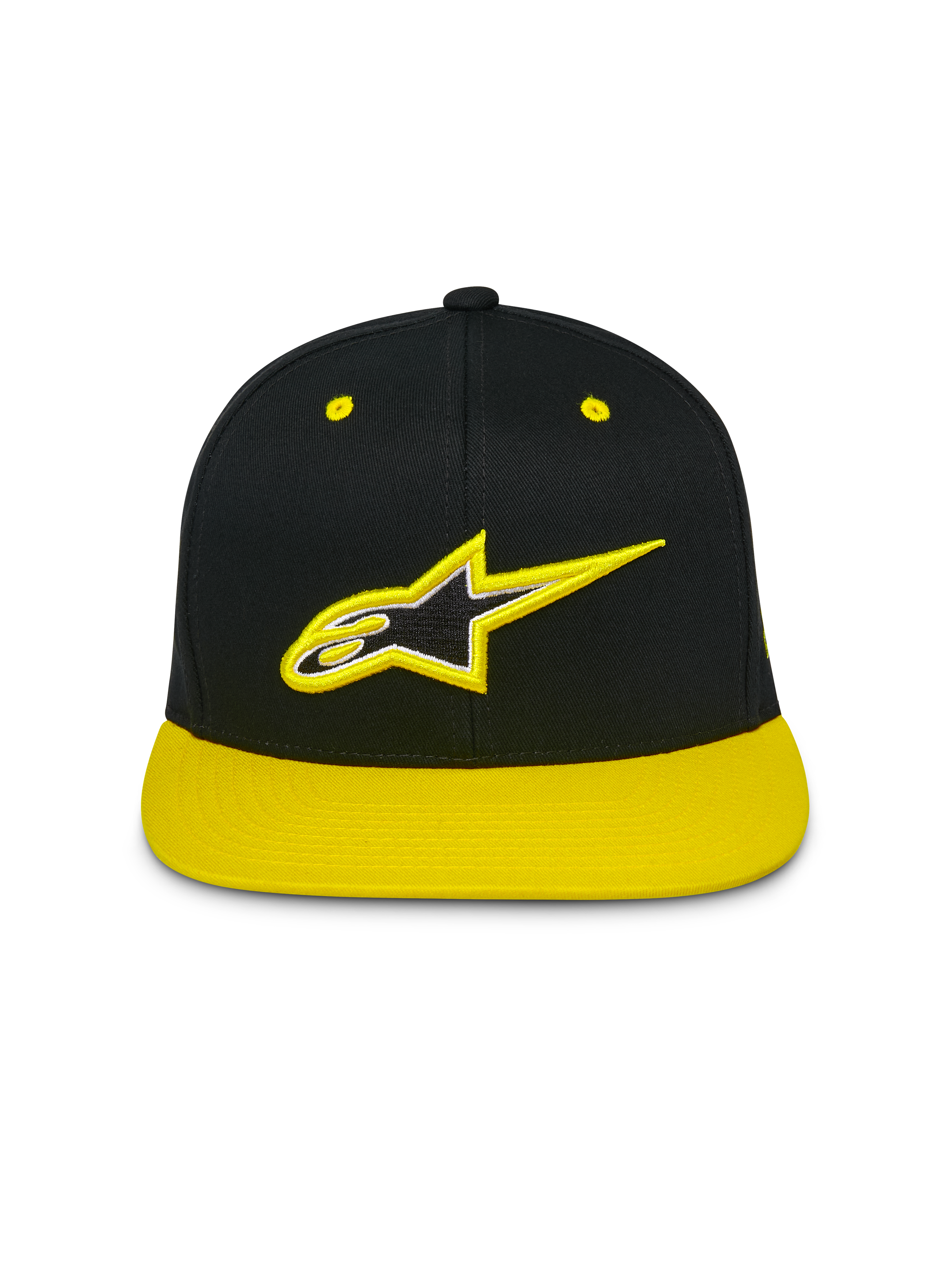 Cappello Alpinestars Thickness Snapback, berretto con corona strutturata e visiera piatta, nero con visiera e occhielli giallo alta visibilità, logo Astars ricamato in 3D sul davanti, streetwear casual da motorsport