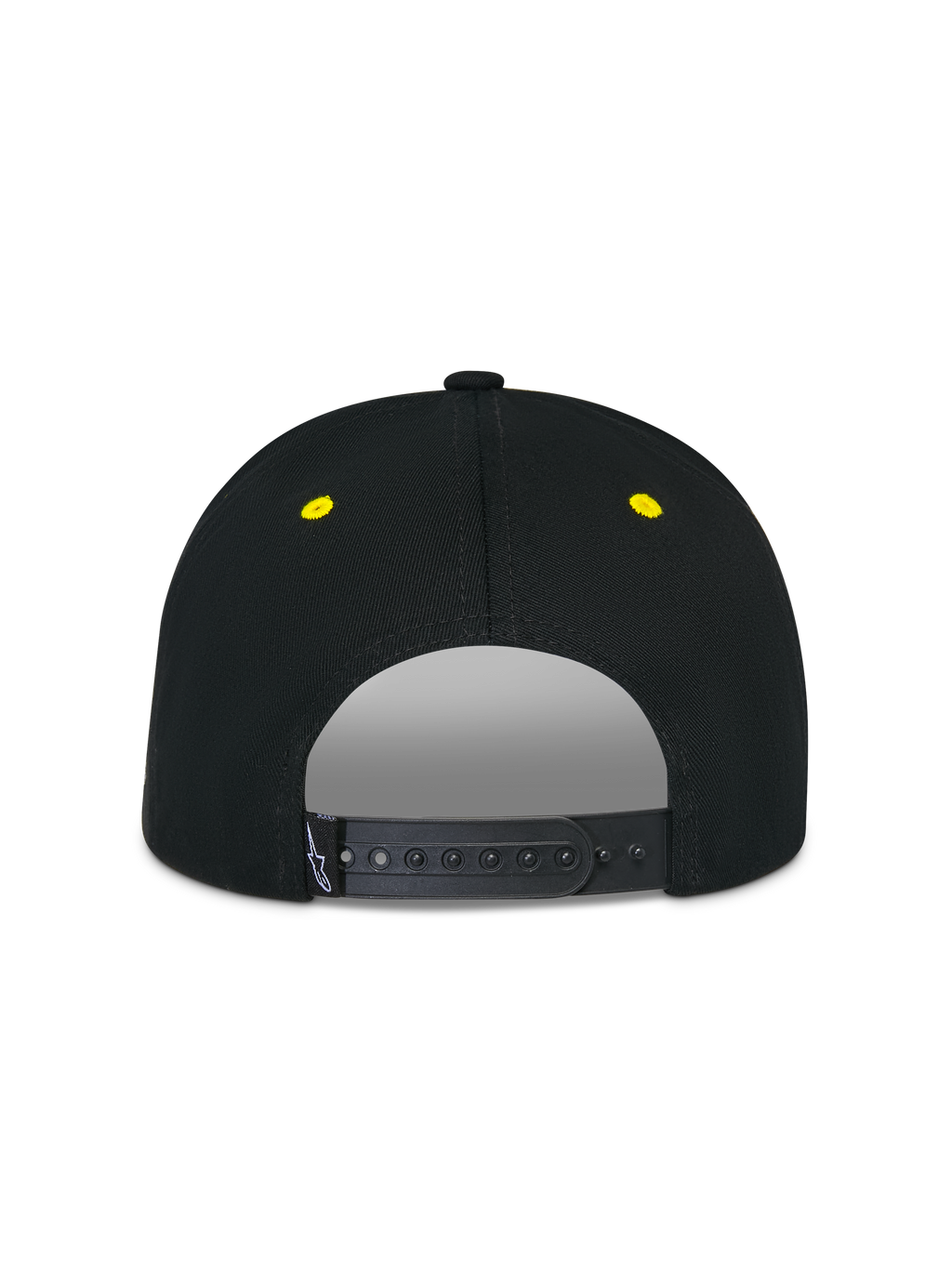 Alpinestars Thickness Snapback Hat, nero e giallo fluo, vista posteriore con chiusura snapback regolabile, occhielli ricamati gialli, corona strutturata, copricapo casual da motorsport