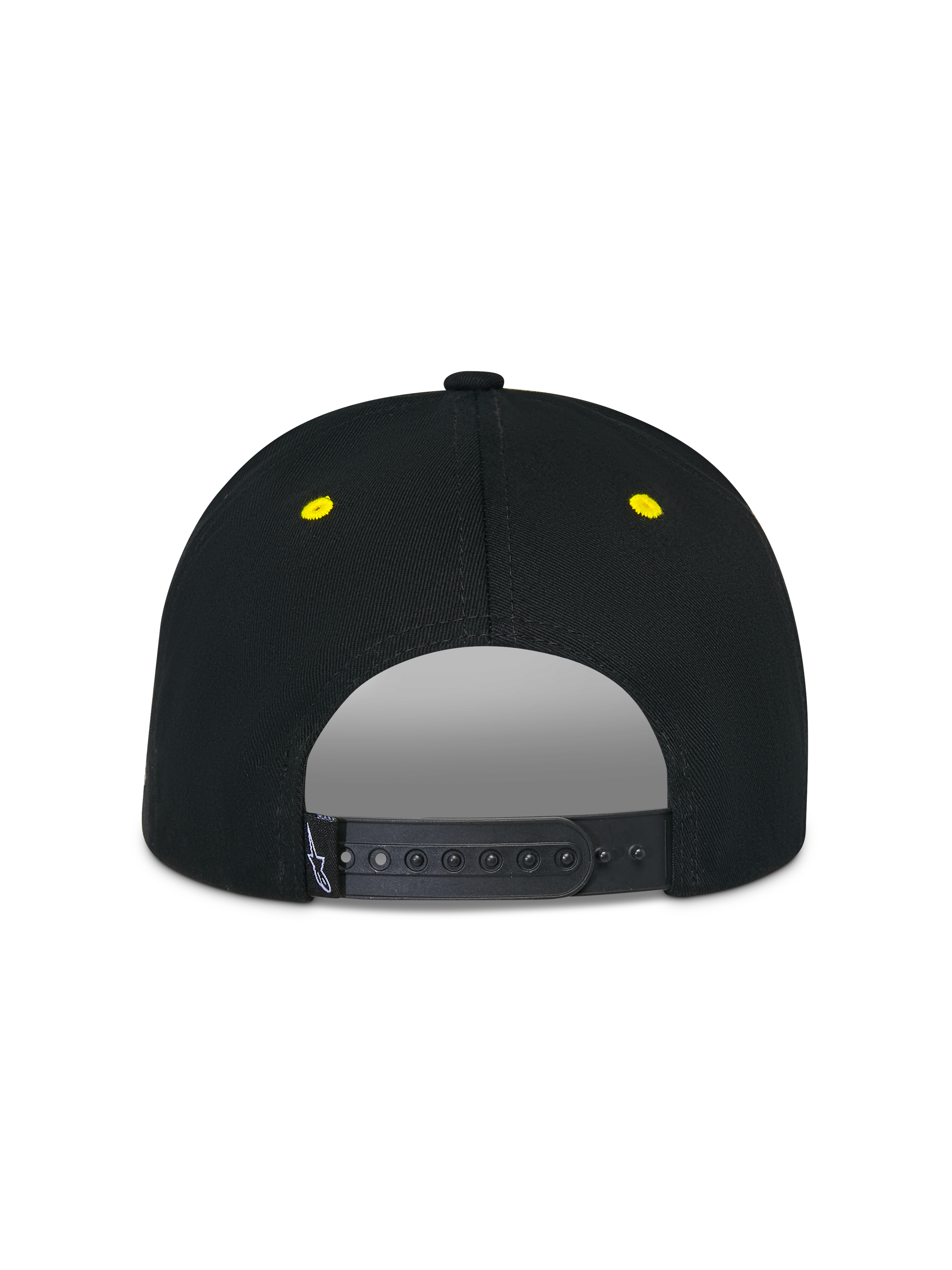 Alpinestars Thickness Snapback Hat, nero e giallo fluo, vista posteriore con chiusura snapback regolabile, occhielli ricamati gialli, corona strutturata, copricapo casual da motorsport