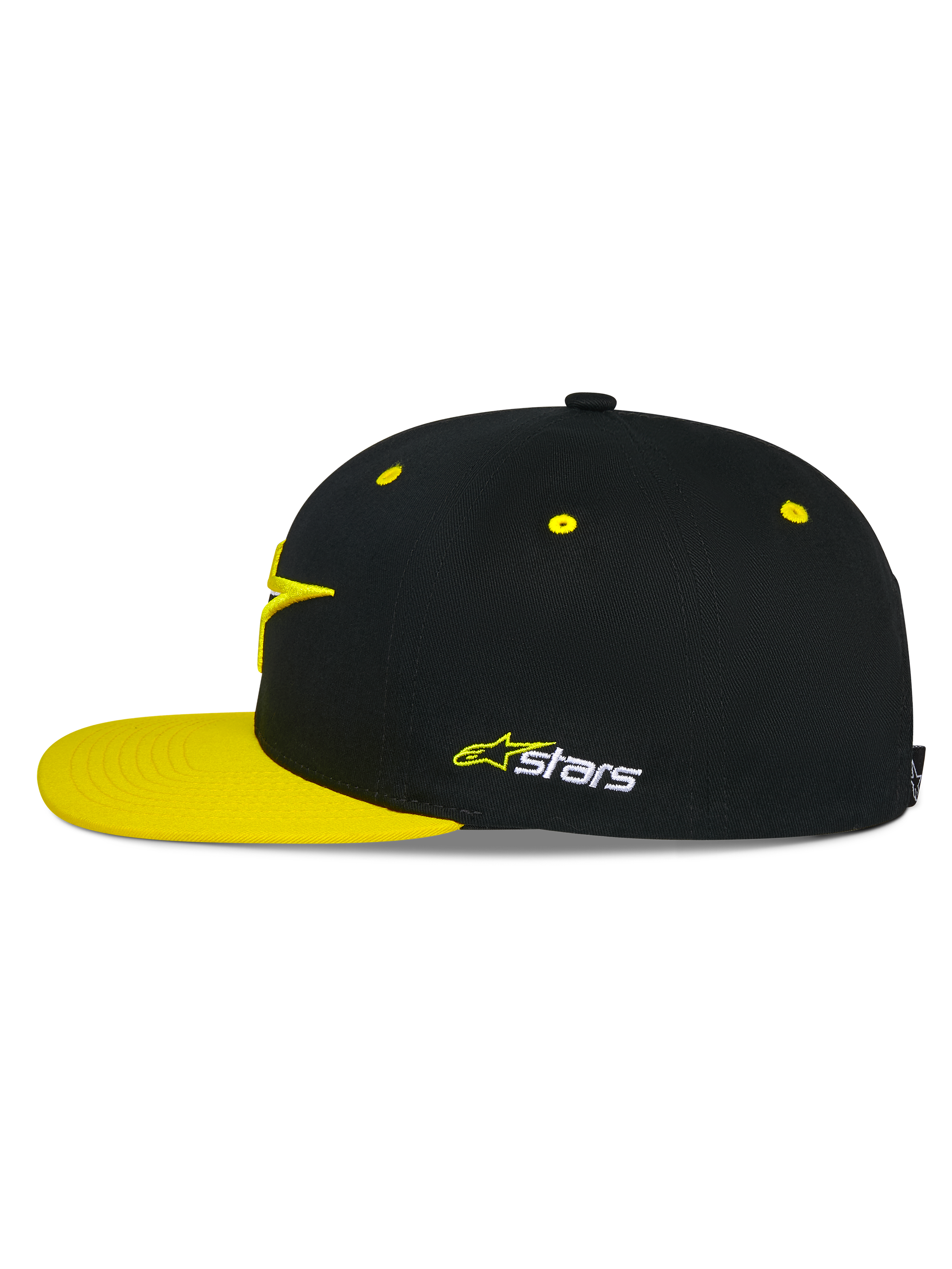 Cappello Snapback Alpinestars Thickness, nero e giallo alta visibilità, profilo laterale, corona strutturata con occhielli gialli e visiera piatta gialla, logo Astars ricamato sul lato, copricapo casual da motorsport