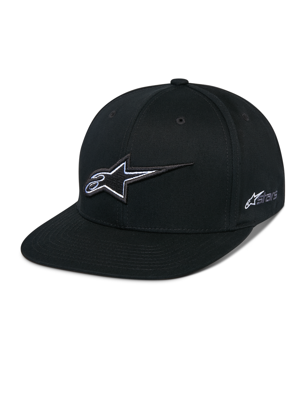 Cappello Snapback Alpinestars Thickness, berretto da baseball nero con visiera piatta, logo stella ricamato 3D bianco e grigio, logo Astars laterale, design strutturato con fori di ventilazione, copricapo casual da motorsport