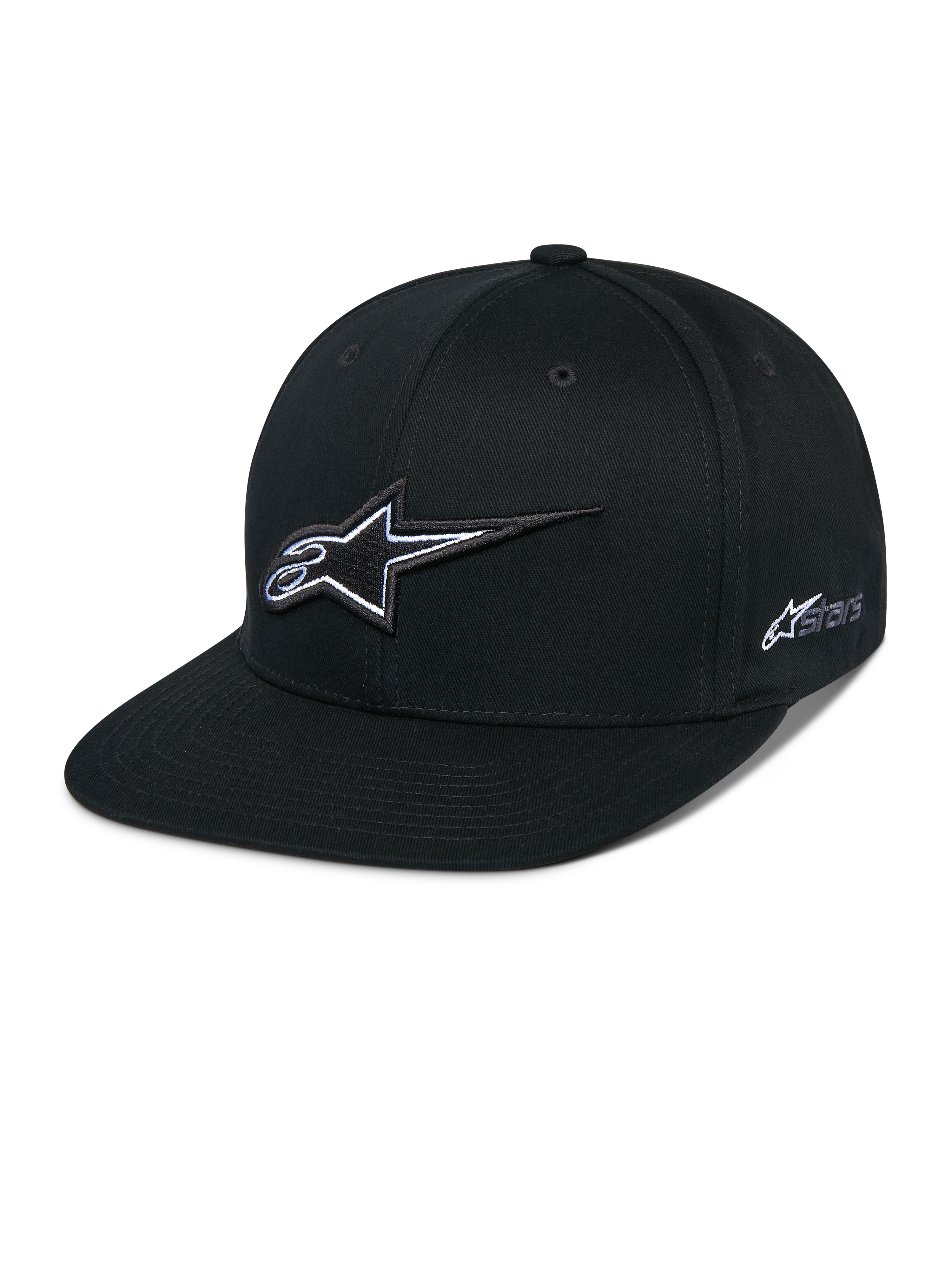 Cappello Snapback Alpinestars Thickness, berretto da baseball nero con visiera piatta, logo stella ricamato 3D bianco e grigio, logo Astars laterale, design strutturato con fori di ventilazione, copricapo casual da motorsport