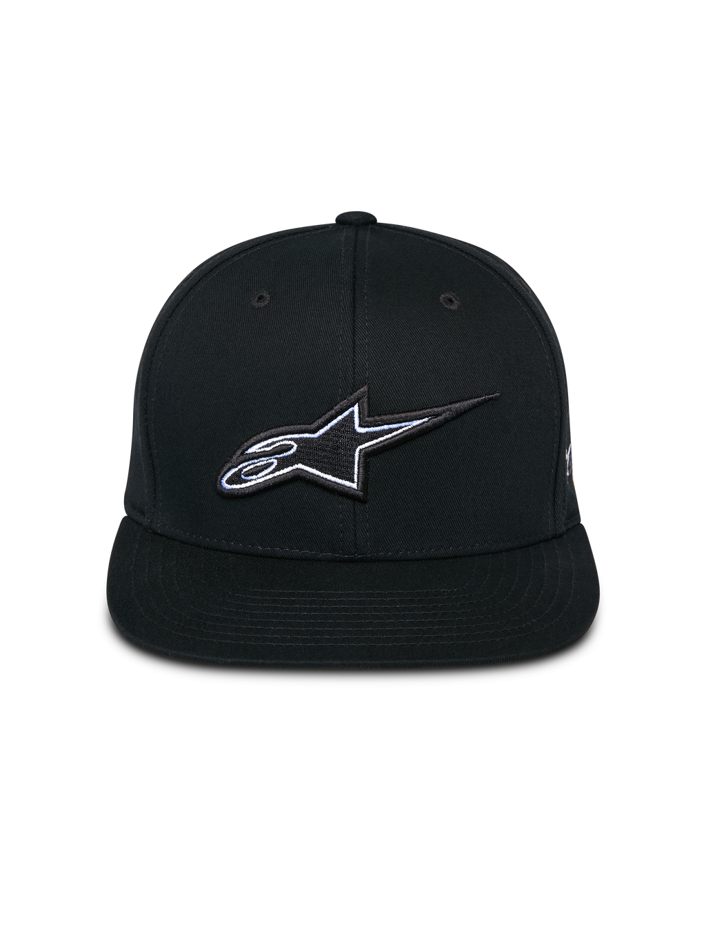 Cappello Snapback Alpinestars Thickness, nero, vista frontale con corona strutturata e visiera piatta, logo Astars ricamato in 3D con dettagli bianchi e azzurro chiaro, streetwear casual ispirato al motorsport