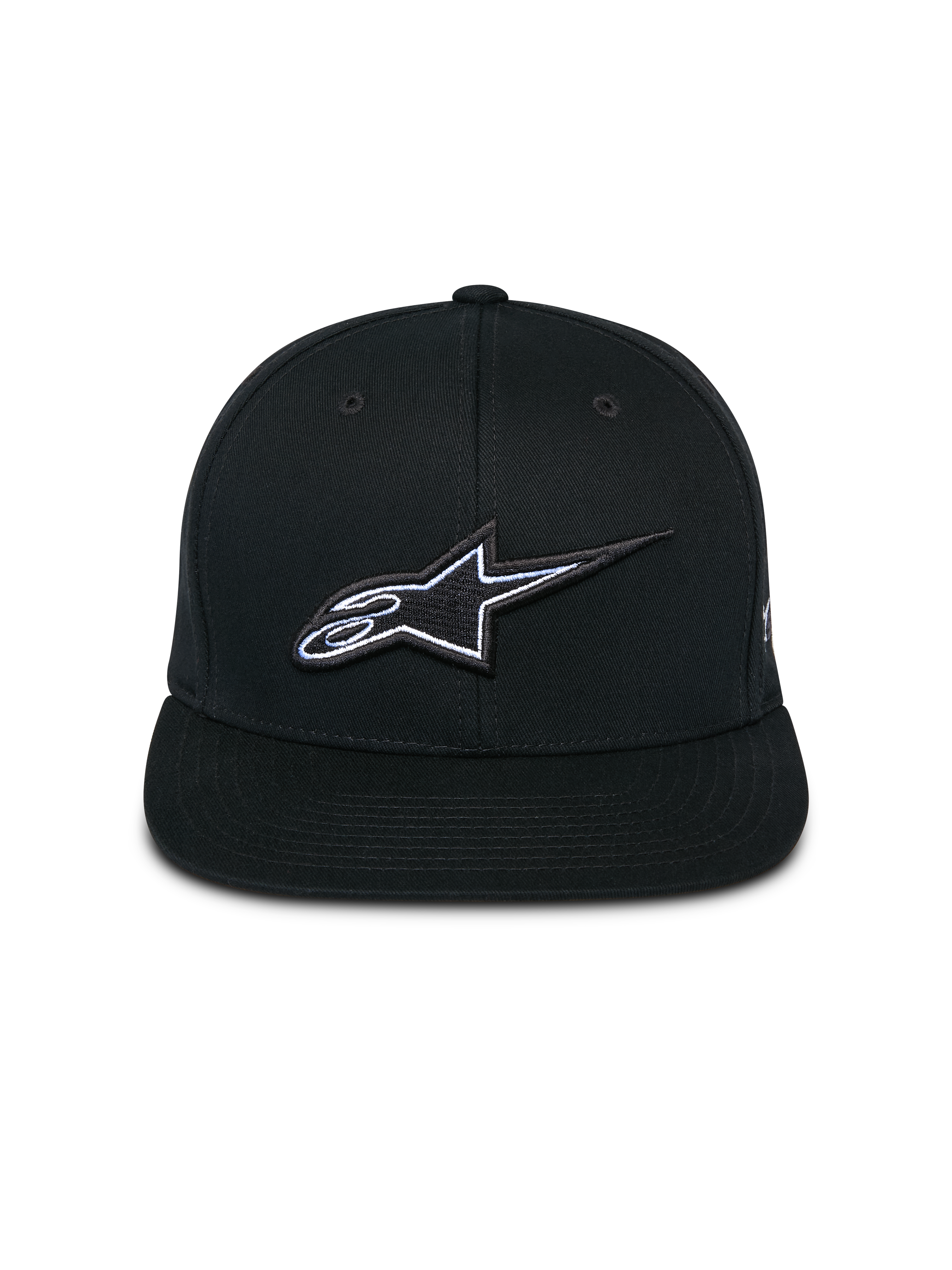 Cappello Snapback Alpinestars Thickness, nero, vista frontale con corona strutturata e visiera piatta, logo Astars ricamato in 3D con dettagli bianchi e azzurro chiaro, streetwear casual ispirato al motorsport