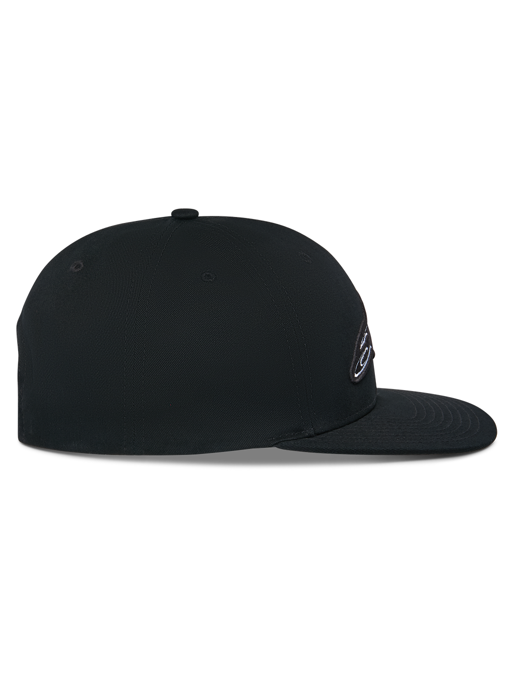 Cappello Snapback Thickness Alpinestars, nero, vista laterale, corona strutturata con visiera piatta, tessuto principale in twill di cotone, dettaglio del logo ricamato 3D, copricapo casual da motorsport