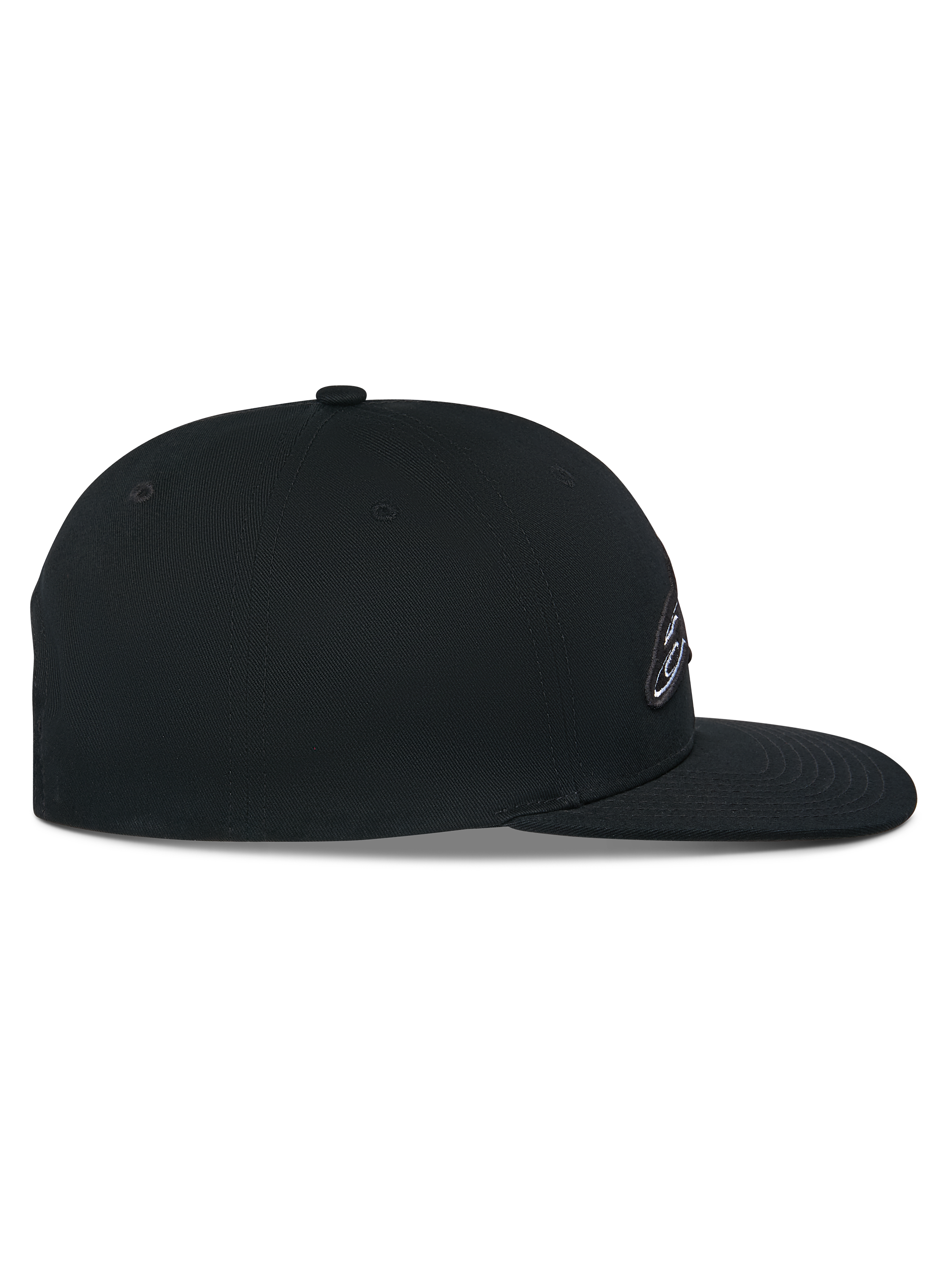Cappello Snapback Thickness Alpinestars, nero, vista laterale, corona strutturata con visiera piatta, tessuto principale in twill di cotone, dettaglio del logo ricamato 3D, copricapo casual da motorsport