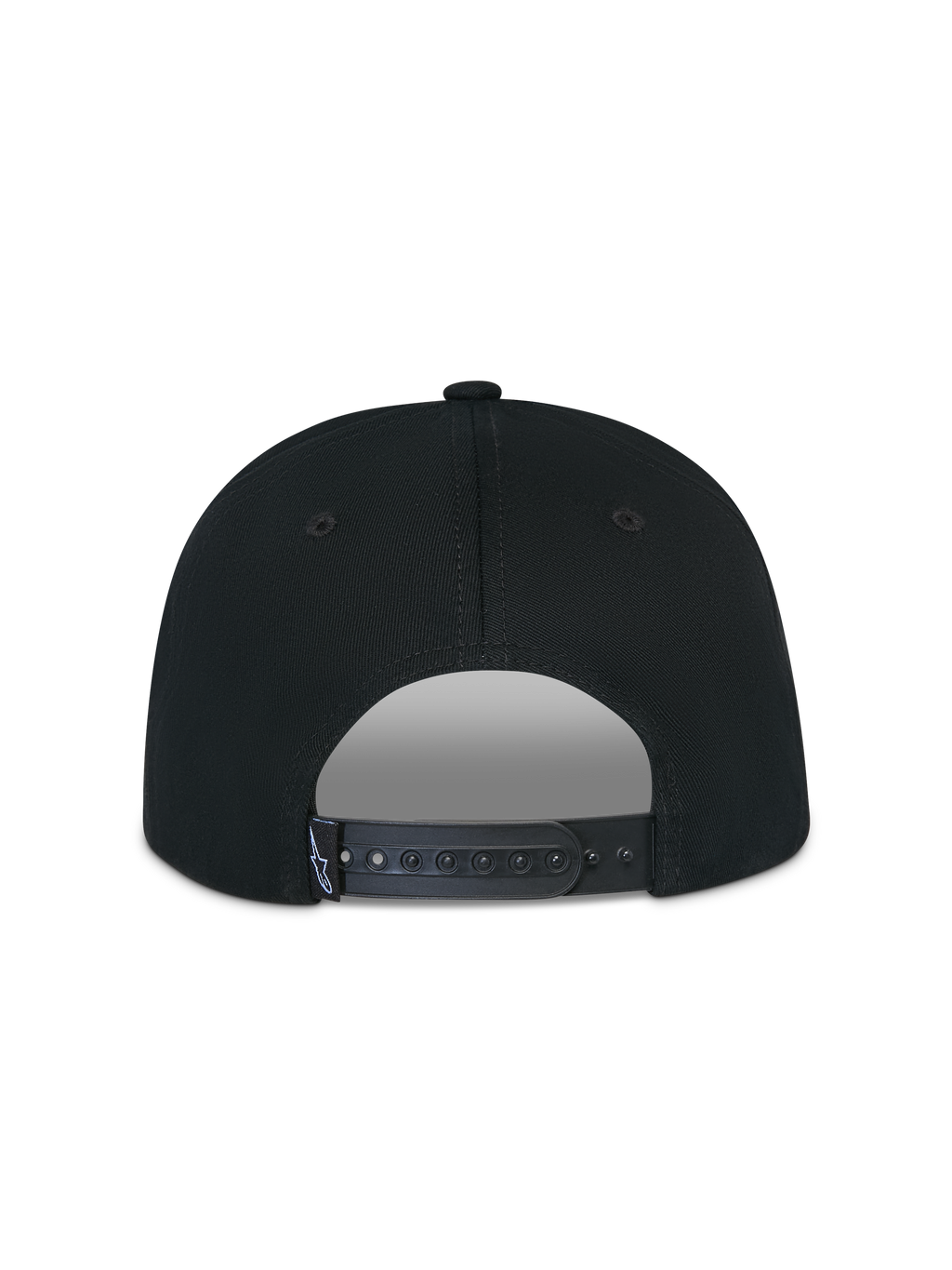 Cappello Alpinestars Thickness Snapback, nero, vista posteriore con chiusura snapback regolabile, cinturino in plastica nera con piccola etichetta bianca con logo Astars, corona strutturata in twill di cotone, abbigliamento sportivo casual