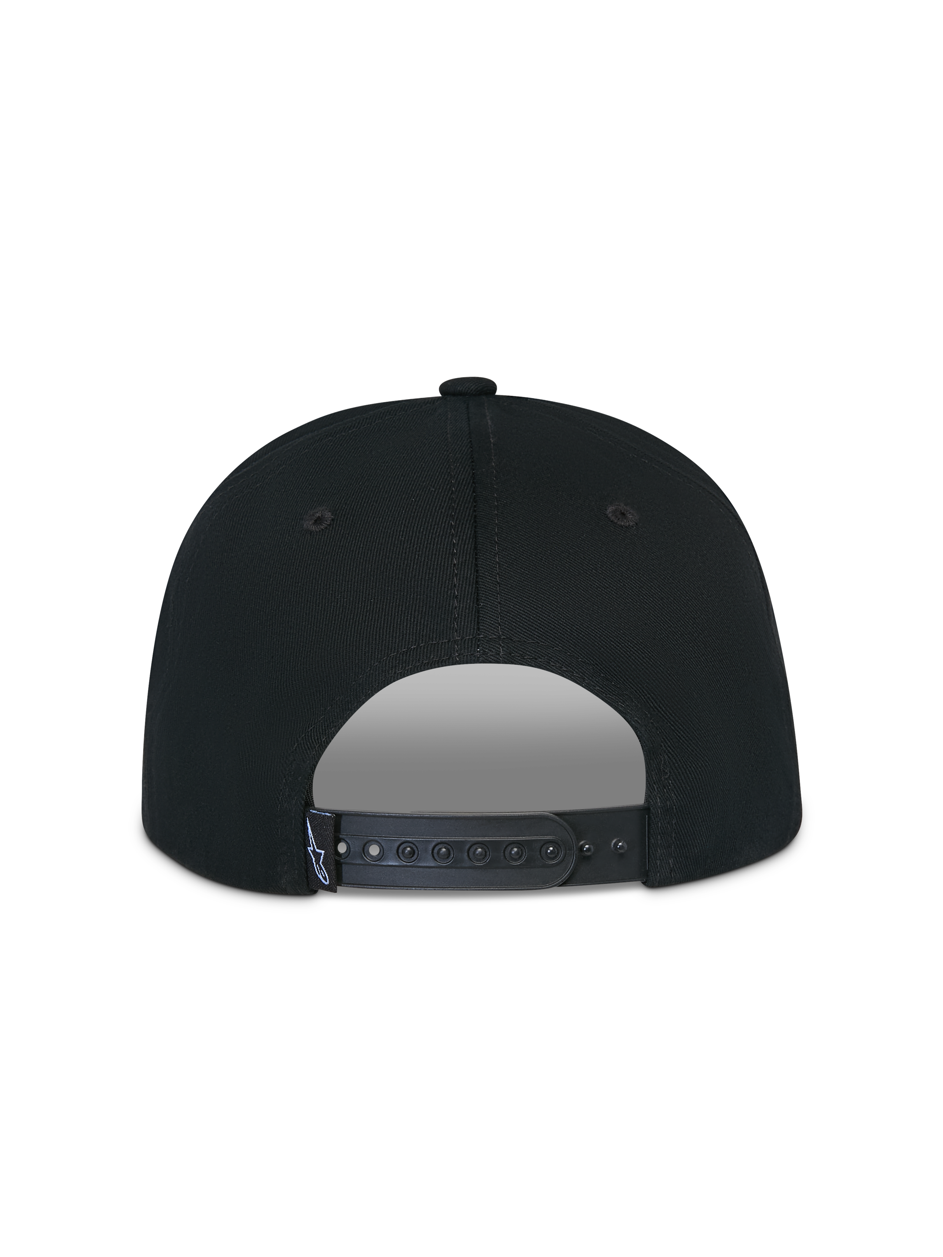 Cappello Alpinestars Thickness Snapback, nero, vista posteriore con chiusura snapback regolabile, cinturino in plastica nera con piccola etichetta bianca con logo Astars, corona strutturata in twill di cotone, abbigliamento sportivo casual