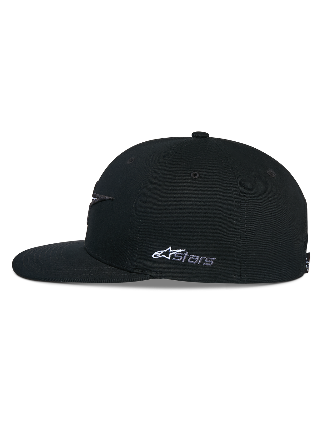 Cappello Snapback Alpinestars Thickness, nero, vista di profilo laterale che mostra la corona strutturata e la visiera piatta, logo Astars laterale ricamato in bianco, copricapo casual ispirato al motorsport