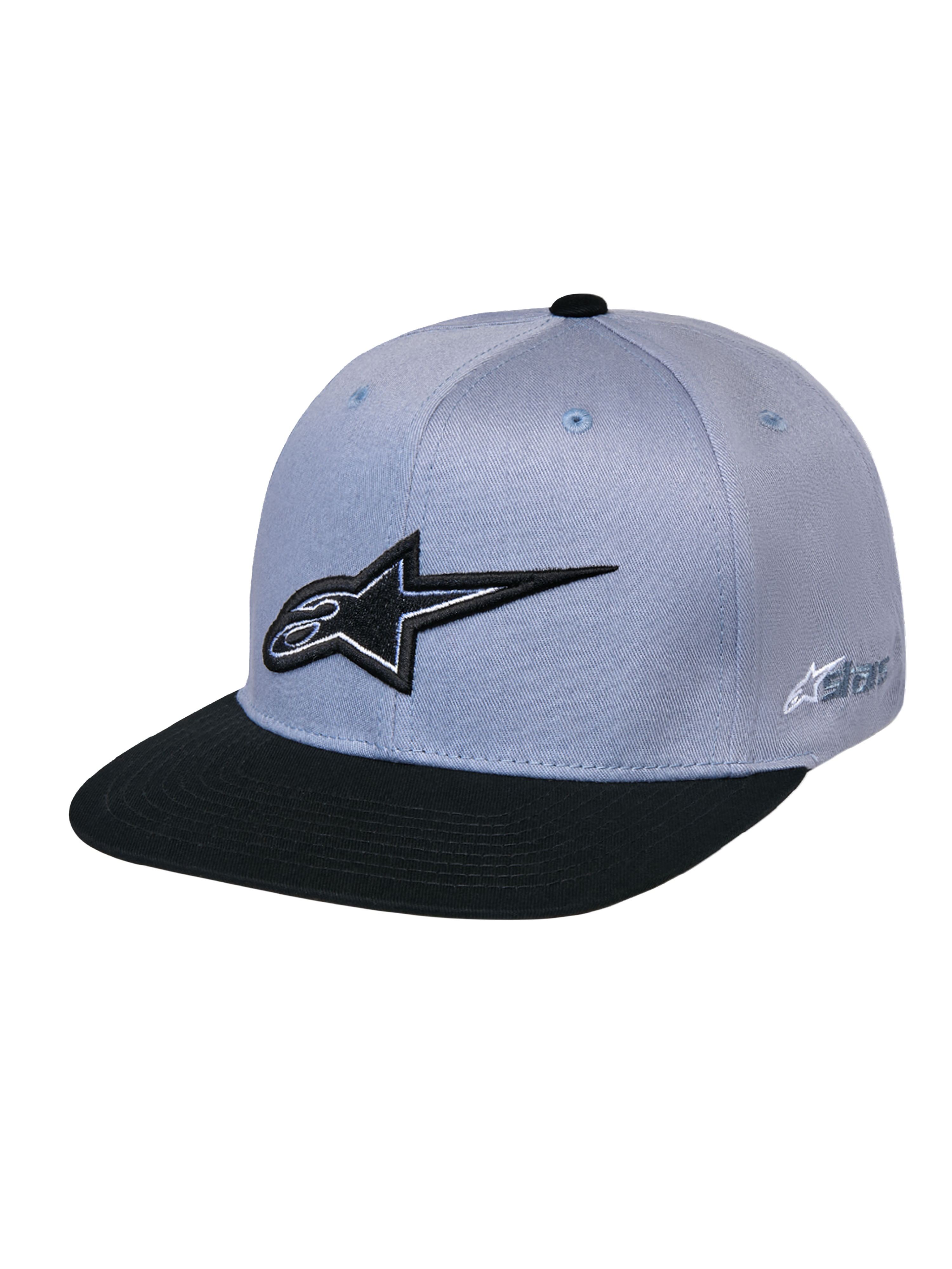Cappello Alpinestars Thickness Snapback, grigio e nero, con corona strutturata e visiera piatta, logo Astars nero ricamato in 3D sul davanti, logo laterale, copricapo casual ispirato al motorsport