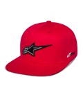 Alpinestars Thickness Snapback Hat, cappellino rosso con visiera piatta, logo Astars ricamato in 3D bianco e nero, corona strutturata con occhielli rossi coordinati, abbigliamento casual motorsport