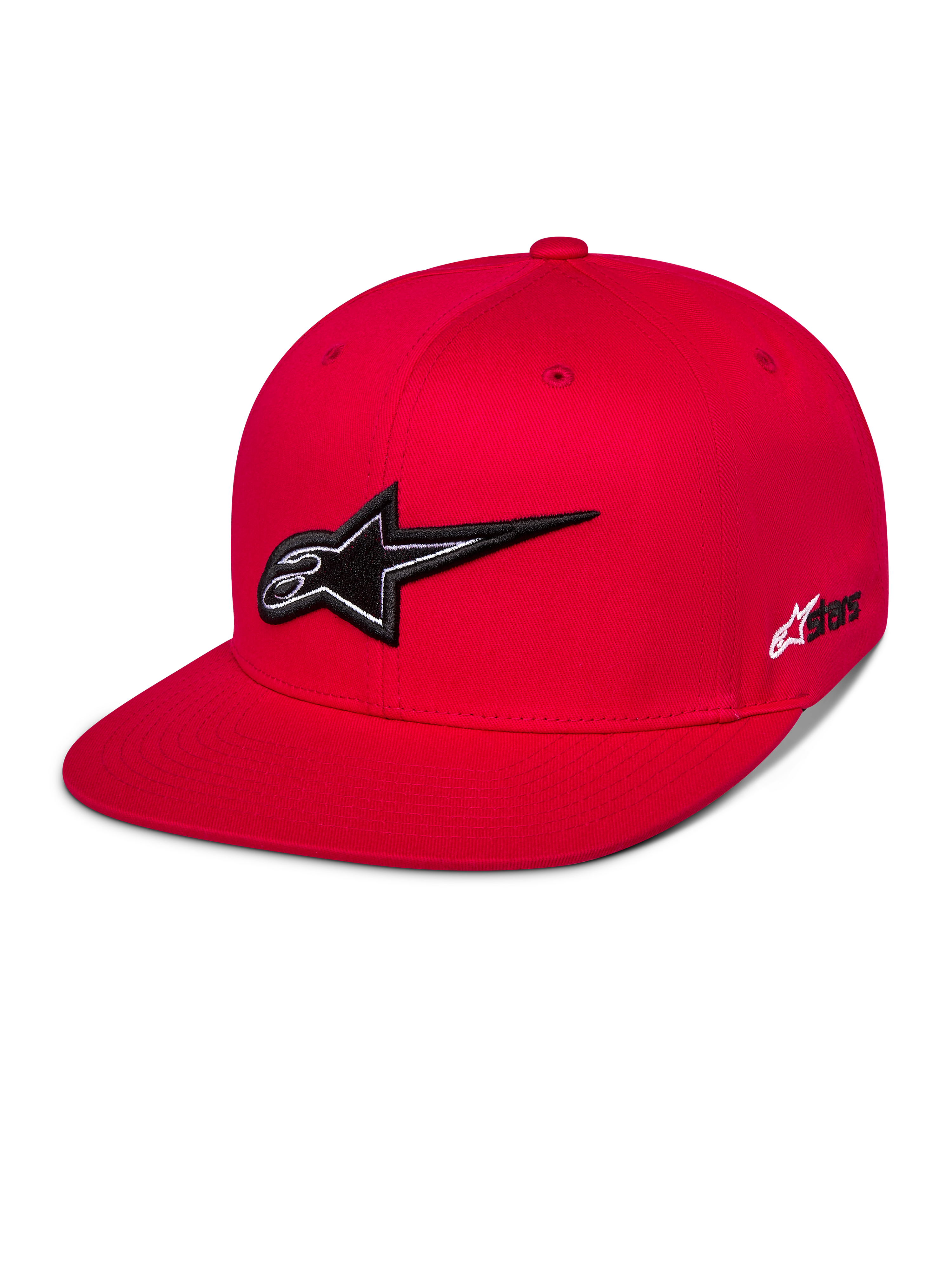 Alpinestars Thickness Snapback Hat, cappellino rosso con visiera piatta, logo Astars ricamato in 3D bianco e nero, corona strutturata con occhielli rossi coordinati, abbigliamento casual motorsport