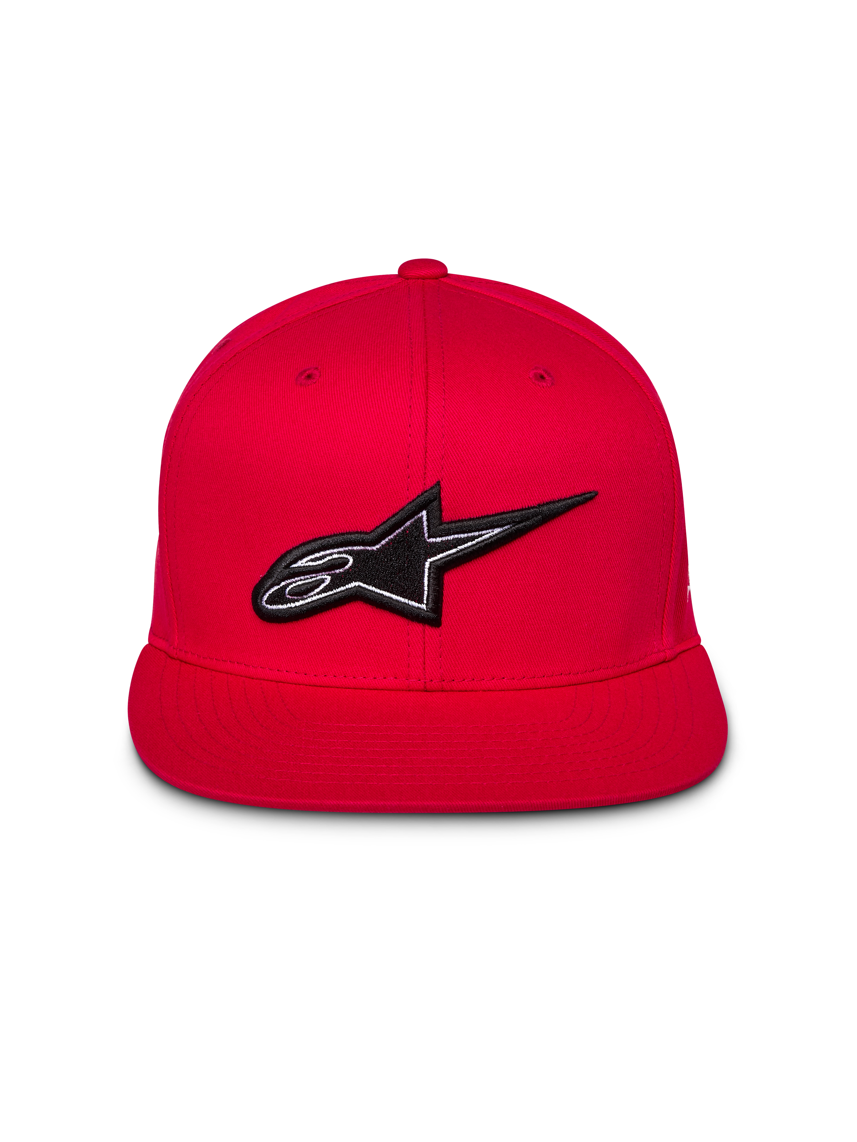 Cappello Snapback Alpinestars Thickness, rosso, vista frontale con logo Astars ricamato in 3D bianco e nero, visiera piatta, corona strutturata, streetwear casual