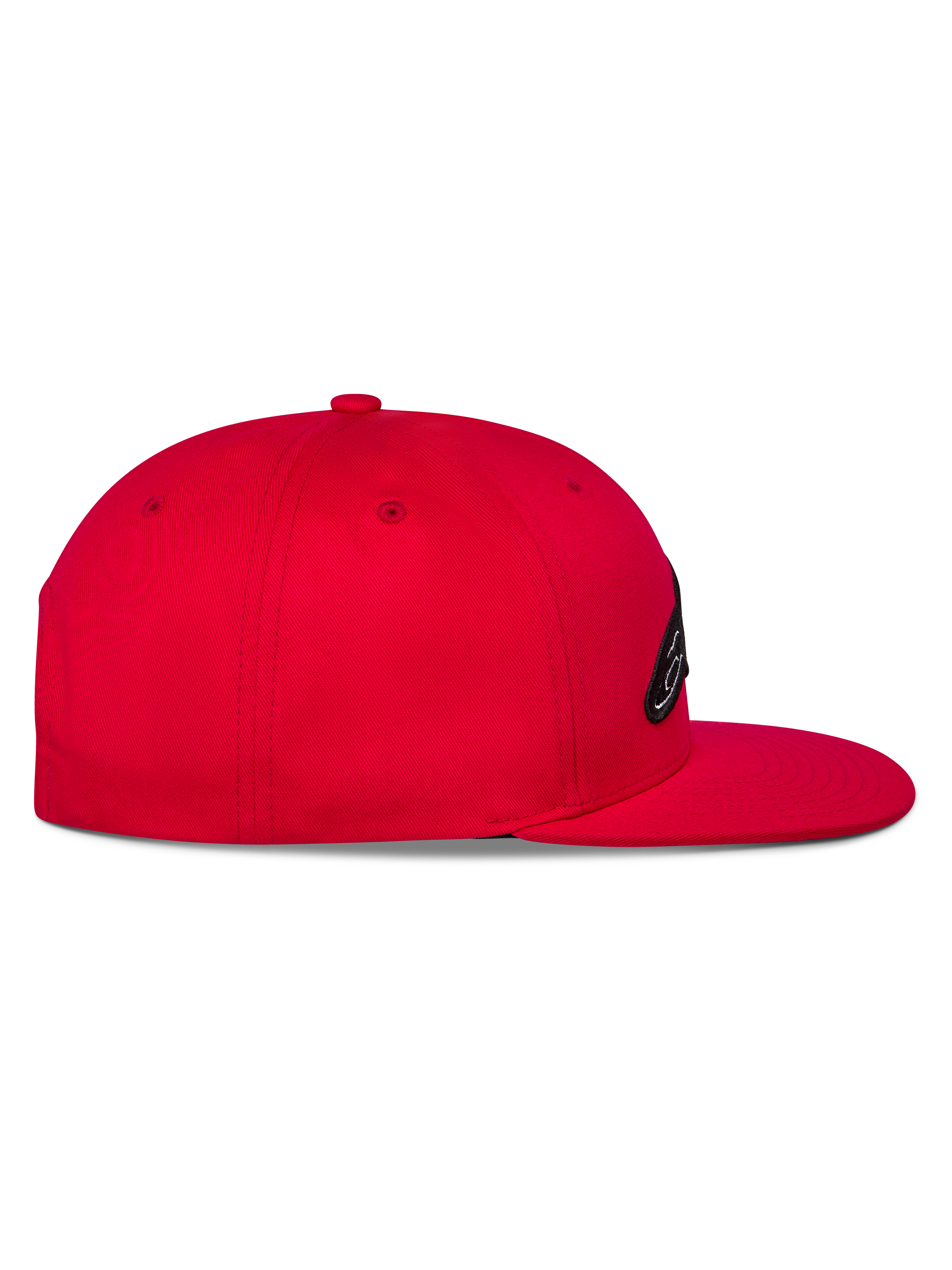 Cappello Snapback Alpinestars Thickness, rosso, vista laterale con visiera piatta e corona strutturata, logo ricamato sul davanti, copricapo casual ispirato al motorsport